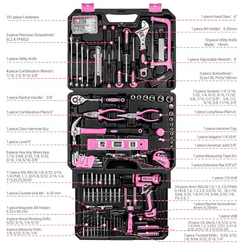 DEKOPRO TOOL KIT kit d’outils 238 pièces rose avec perceuse 12 V
