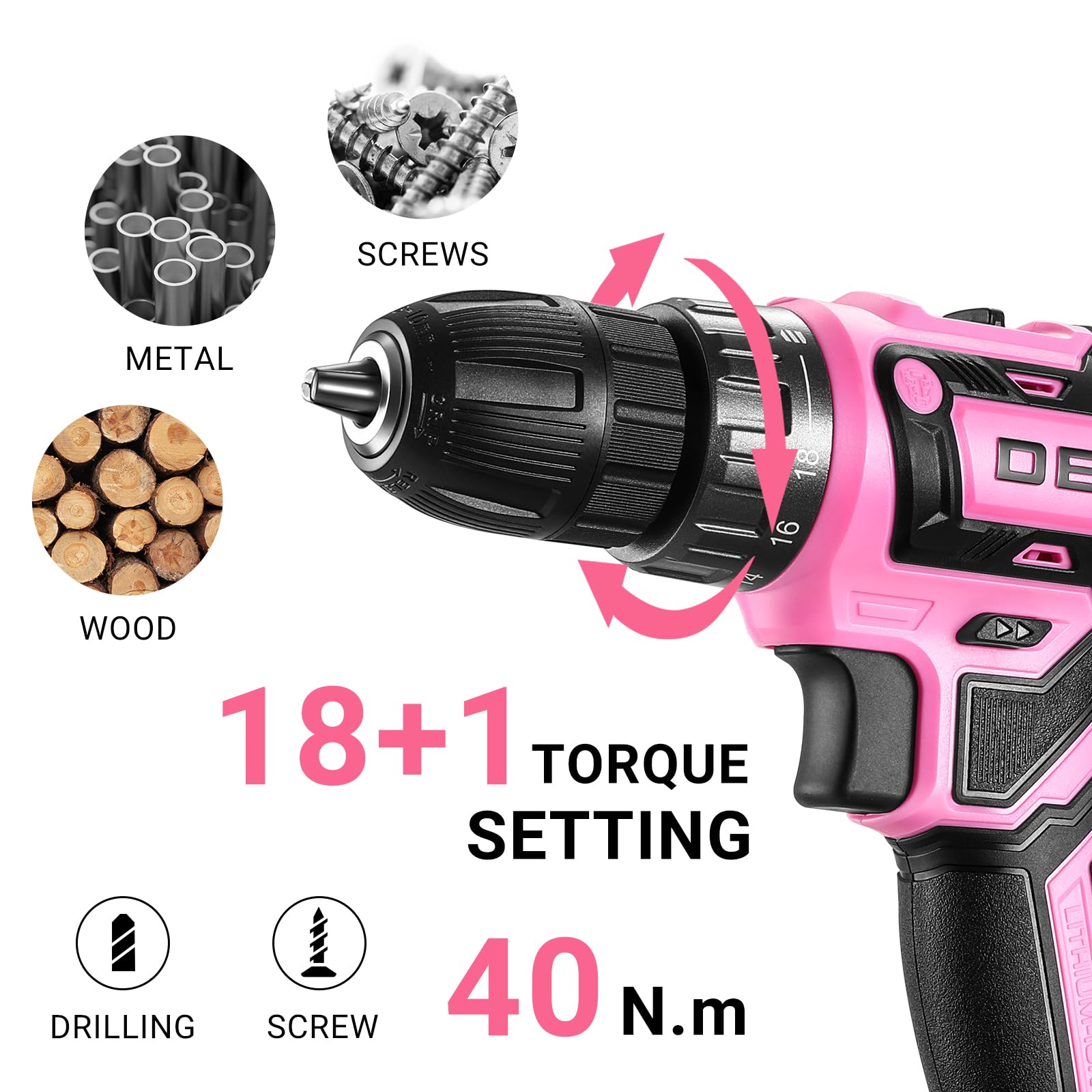 DEKOPRO POWER TOOLS perceuse-visseuse 20 V rose 1 batterie