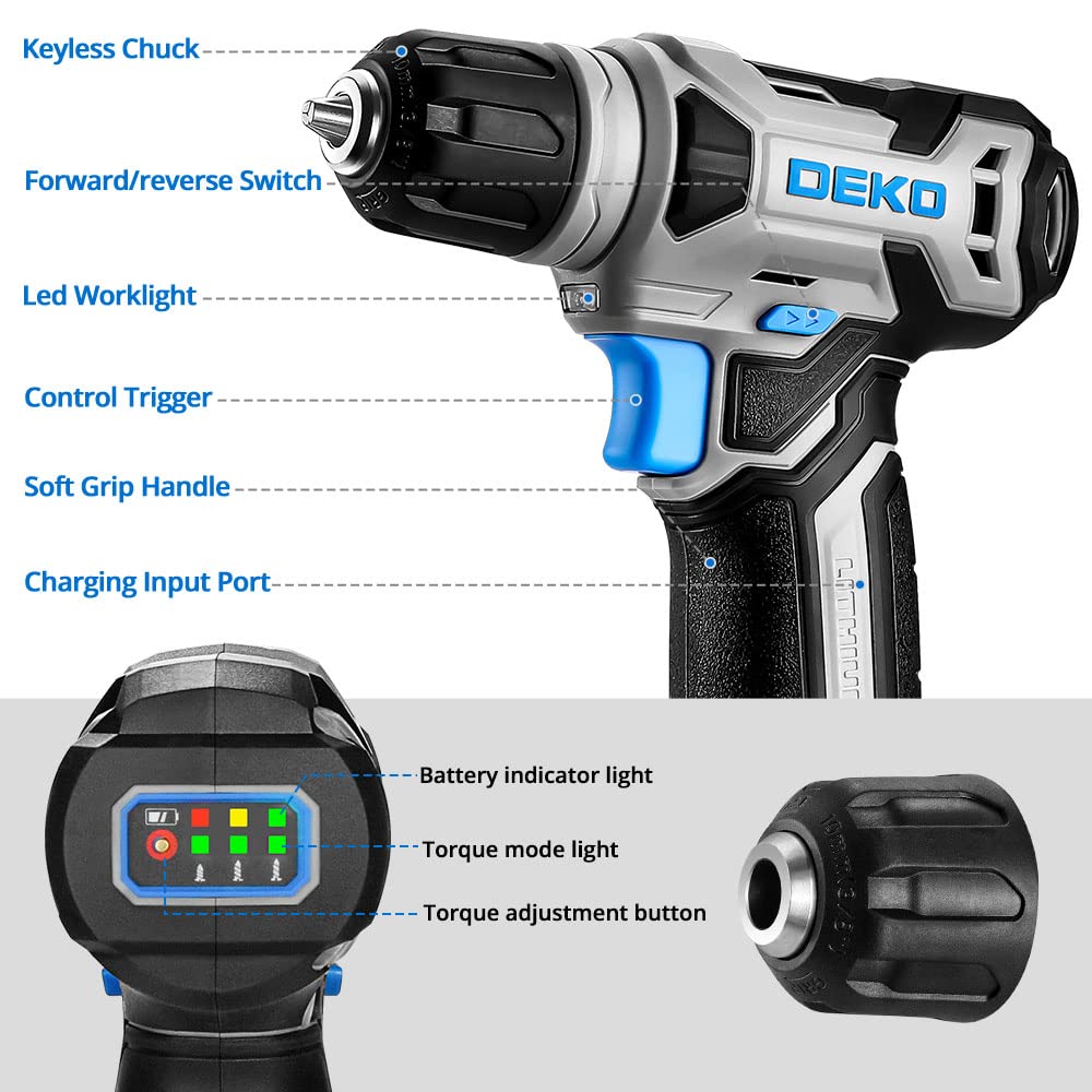 DEKOPRO POWER TOOLS Perceuse-visseuse sans fil 8 V bleue, 42 accessoires