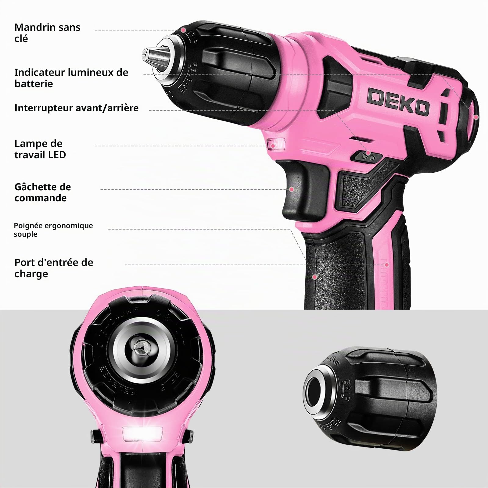 DEKOPRO TOOL KIT 126 pièces perceuse sans fil rose 8 V