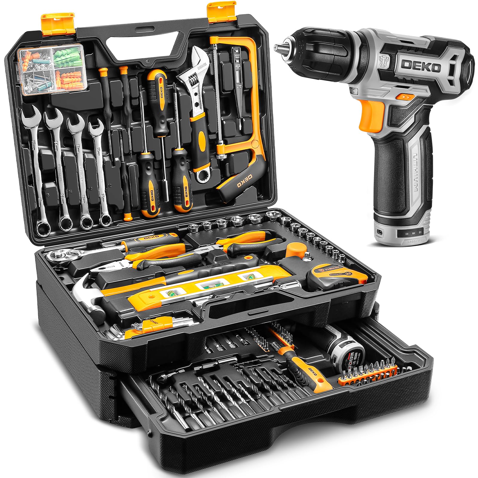 DEKOPRO TOOL KIT Coffret à outils 238 pièces avec perceuse 12 V gris