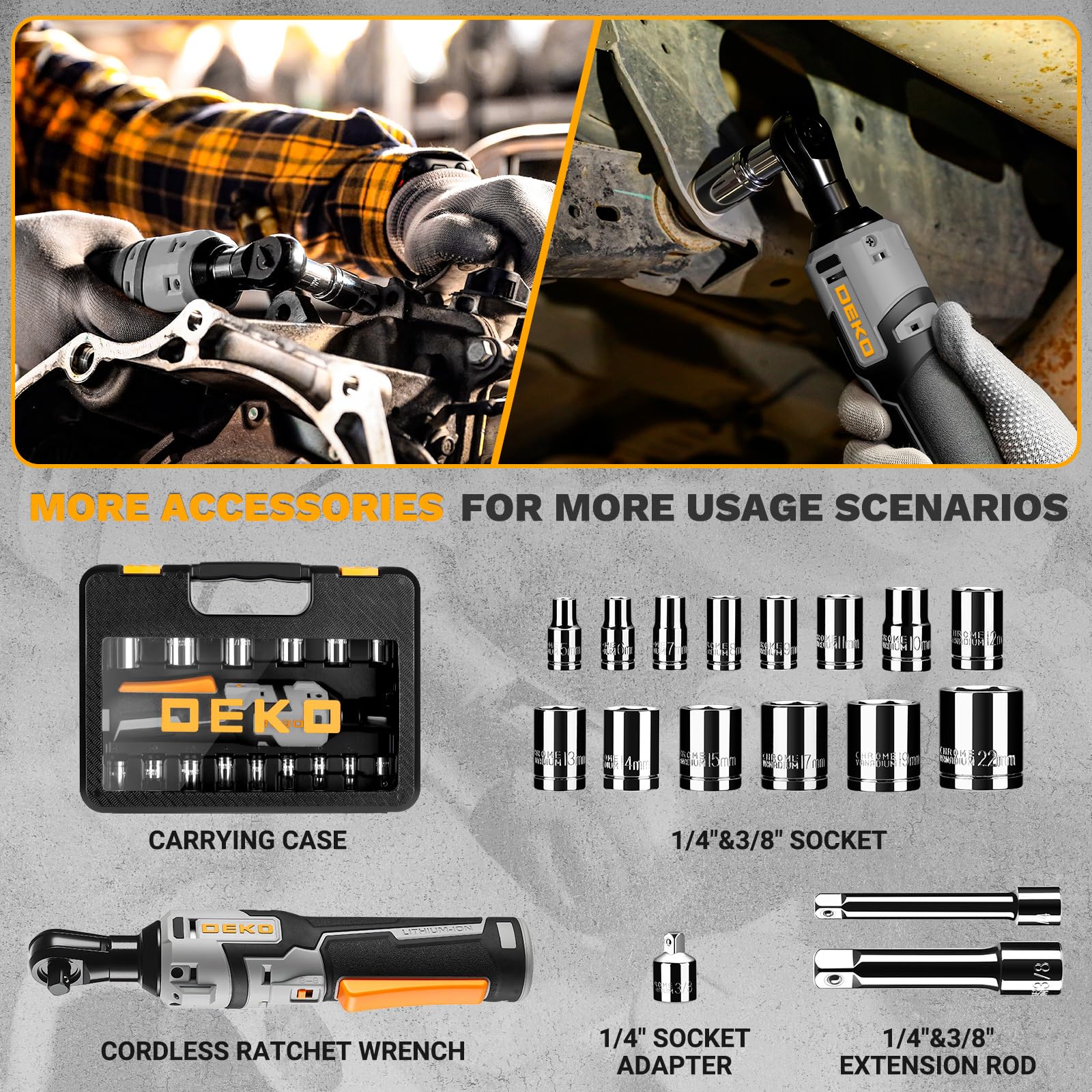 DEKOPRO SOCKET SET Clé à cliquet électrique sans fil 3/8" coffret 14 douilles 8 V