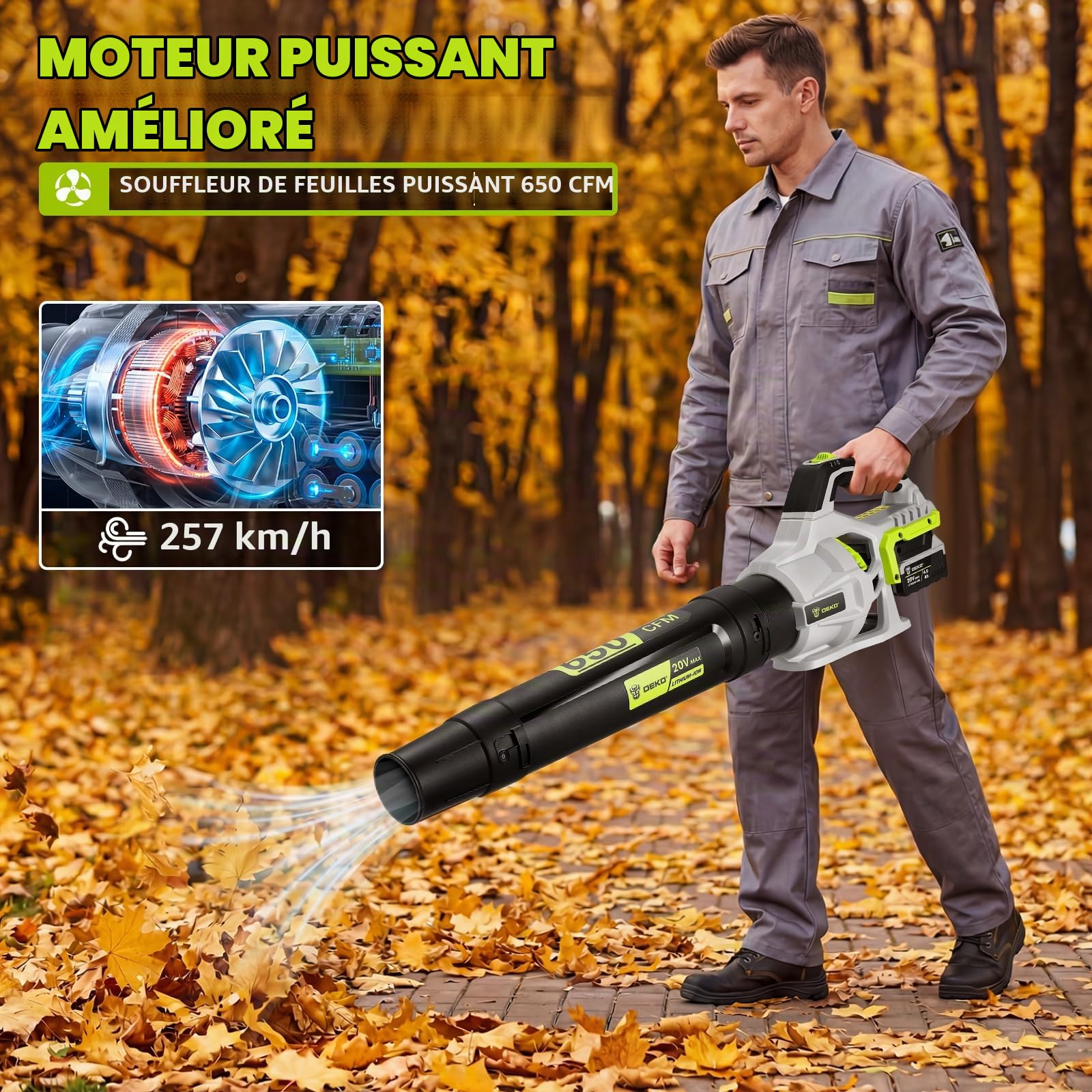 DEKOPRO GARDEN TOOLS Souffleur de feuilles sans fil avec 2 batteries 4,0 Ah