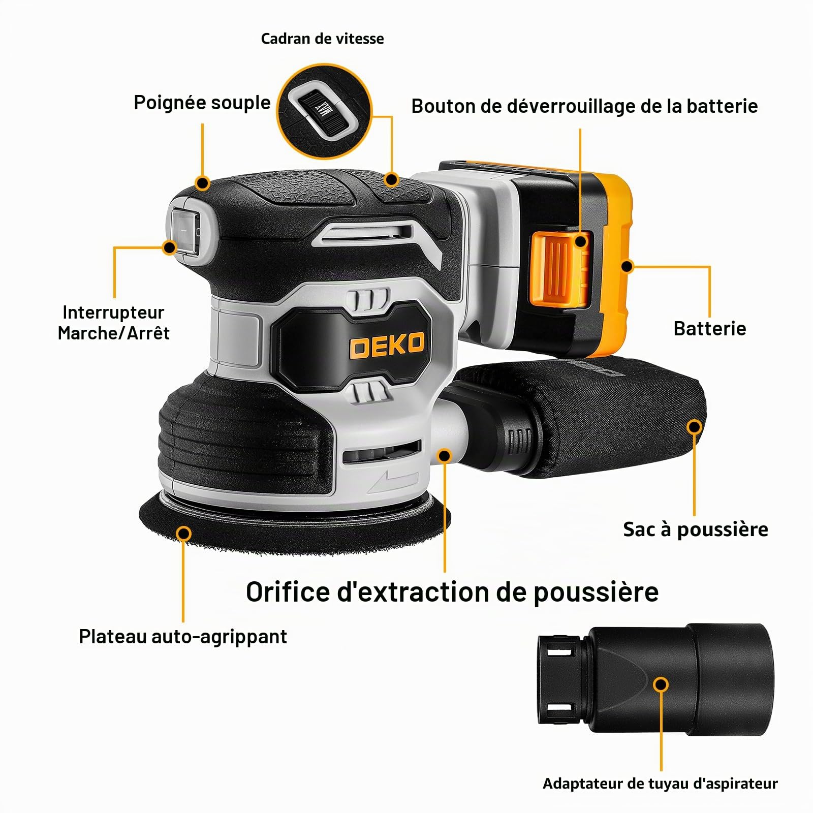 DEKOPRO POWER TOOLS ponceuse excentrique sans fil 20 V, 125 mm, 15 abrasifs