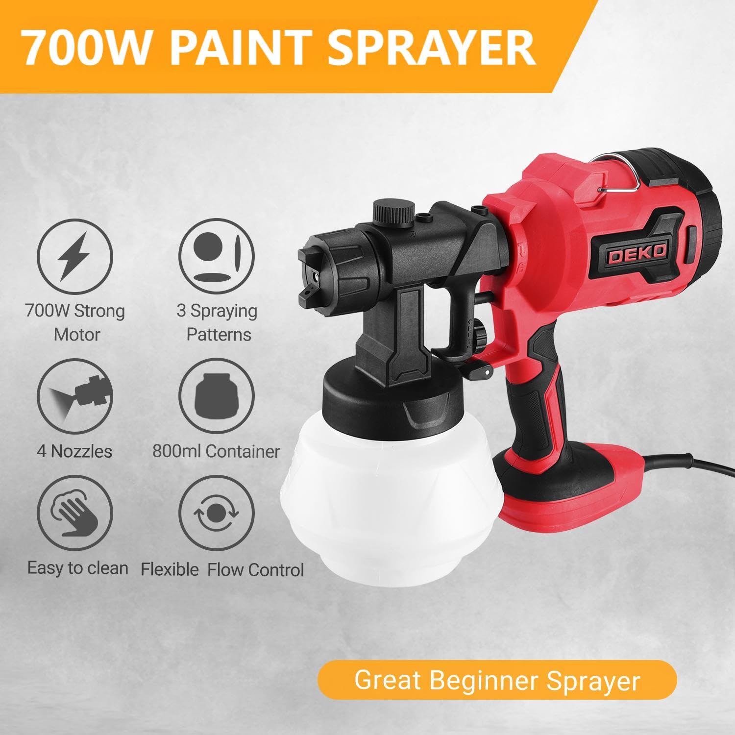 DEKOPRO PAINT SPRAYER 700 W Pistolet à peinture rouge 800 ml HVLP