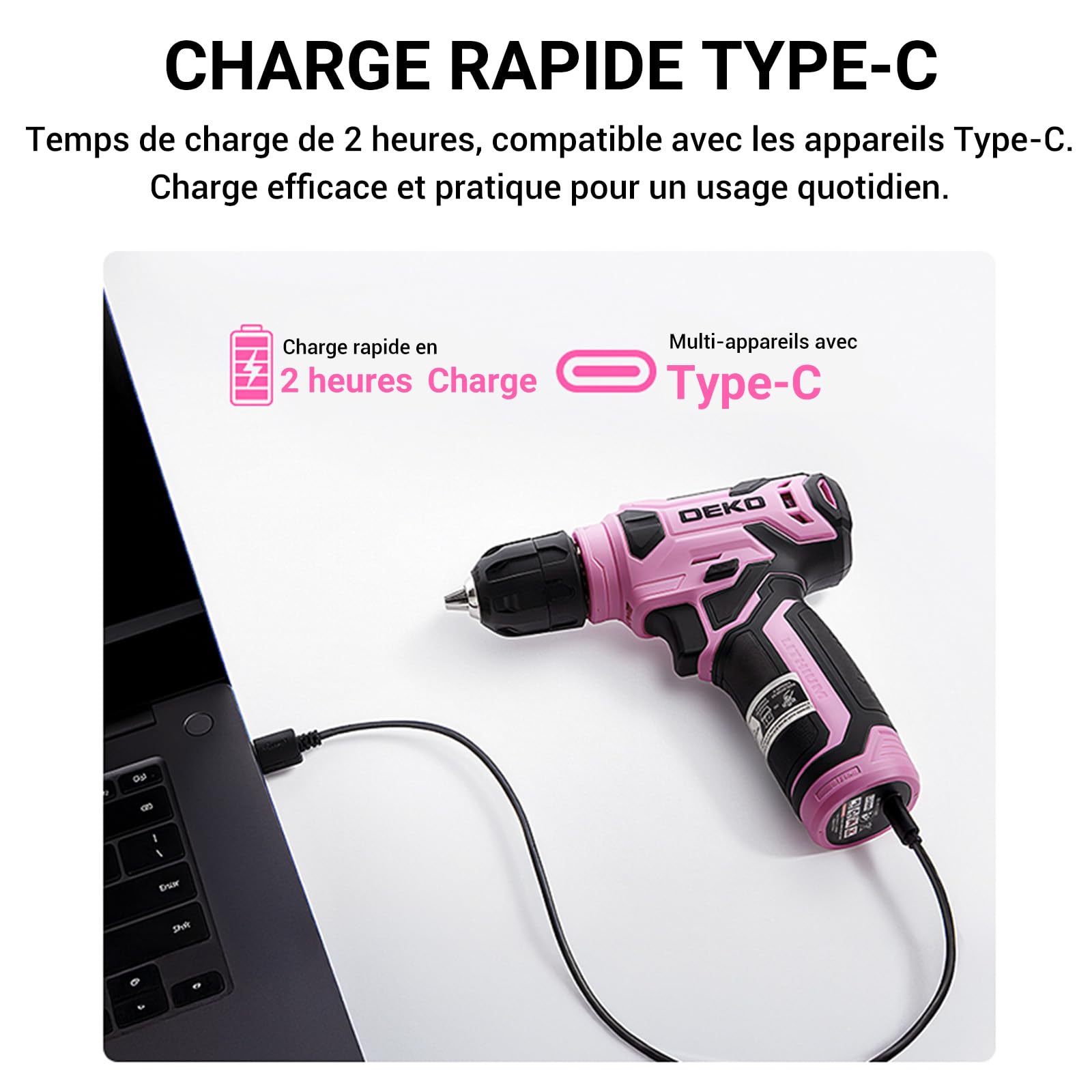 DEKOPRO TOOL KIT perceuse-visseuse sans fil 8 V, 126 pièces, rose