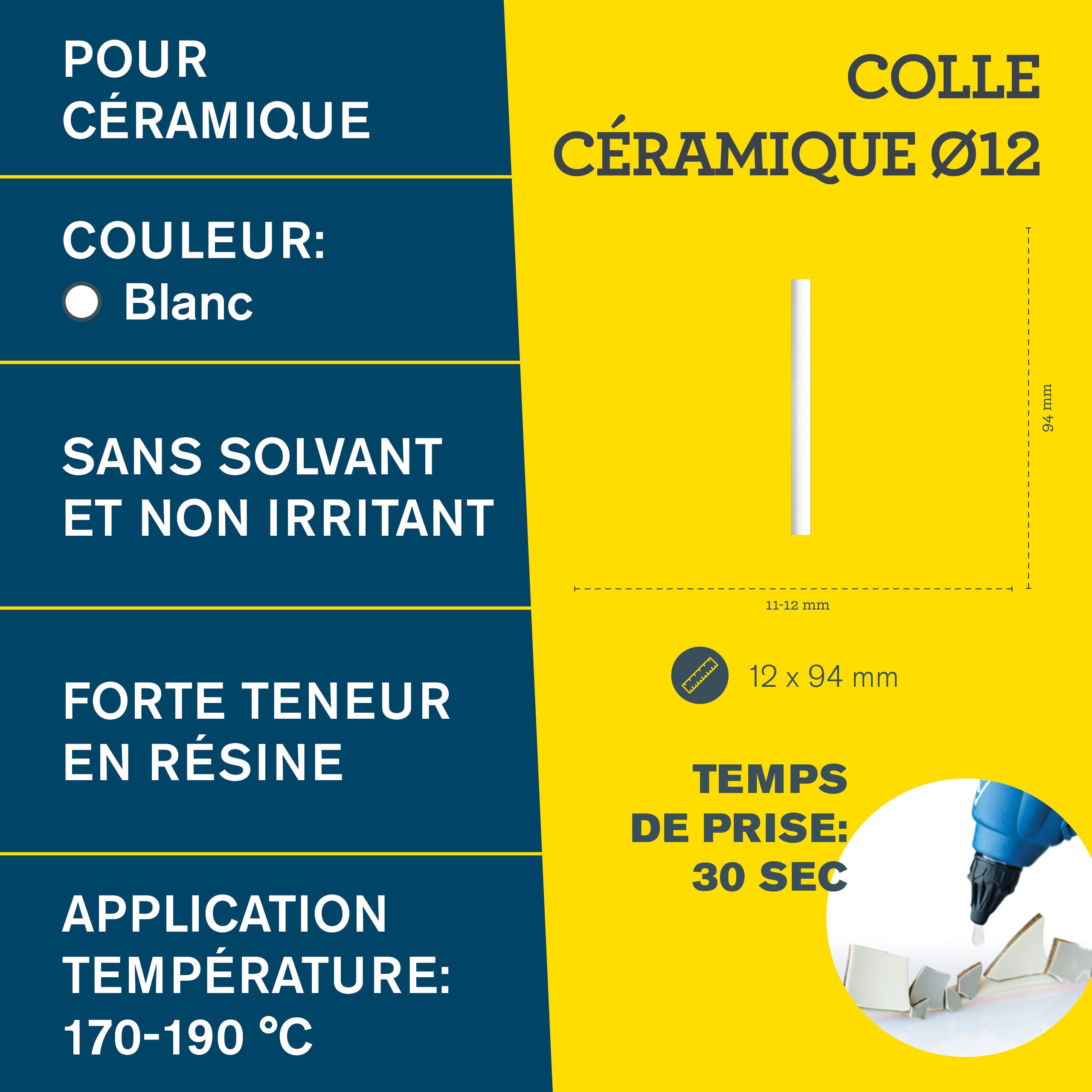 Rapid’os 16 Collage bâtons de colle céramique Ø12 × 94 mm, 14 pièces