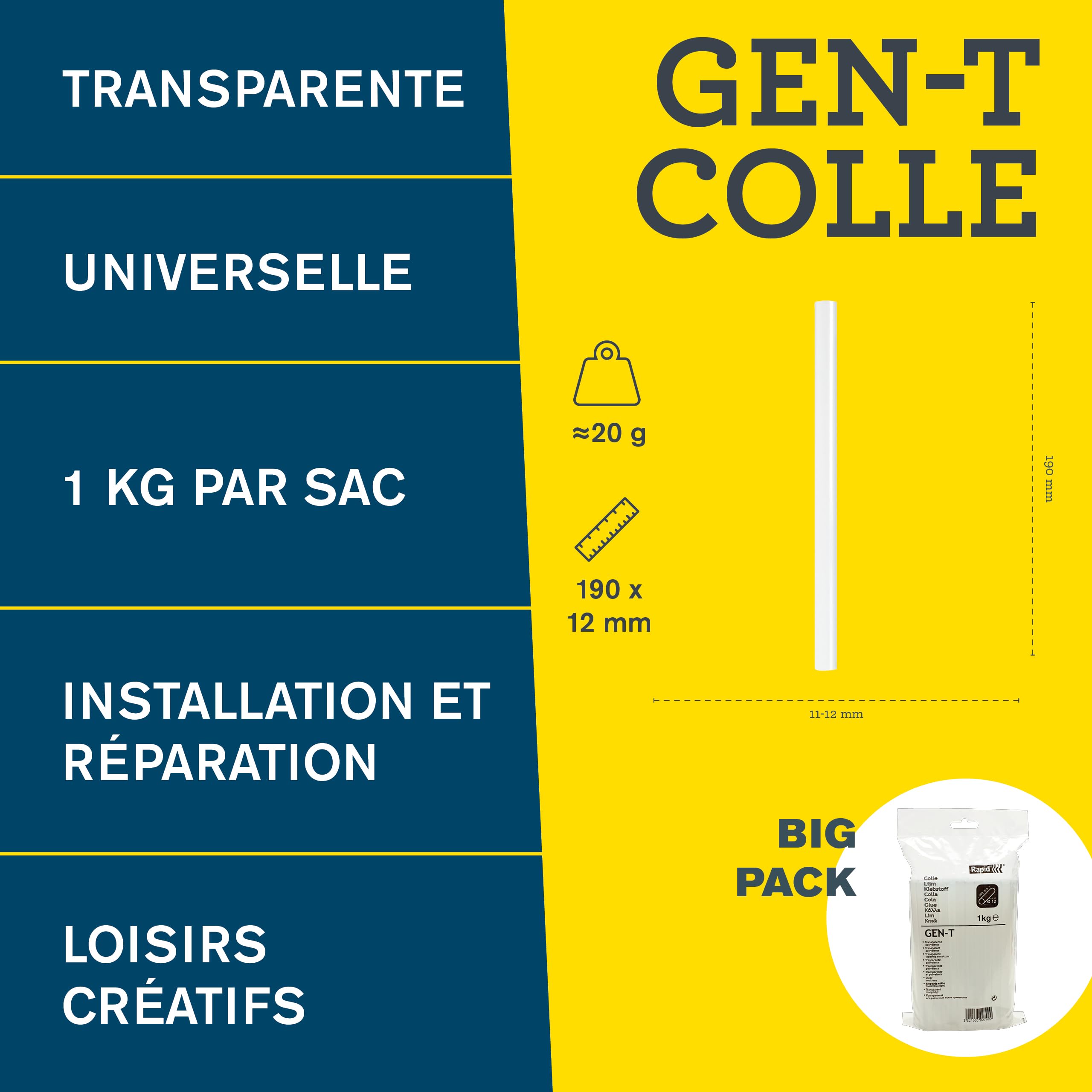 Rapid Collage GEN-T bâtons de colle 12 mm, 1 kg, transparents