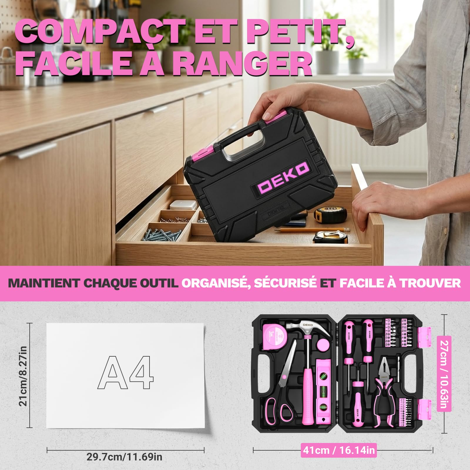 DEKOPRO TOOL KIT boîte à outils 42 pièces rose avec poignées antidérapantes