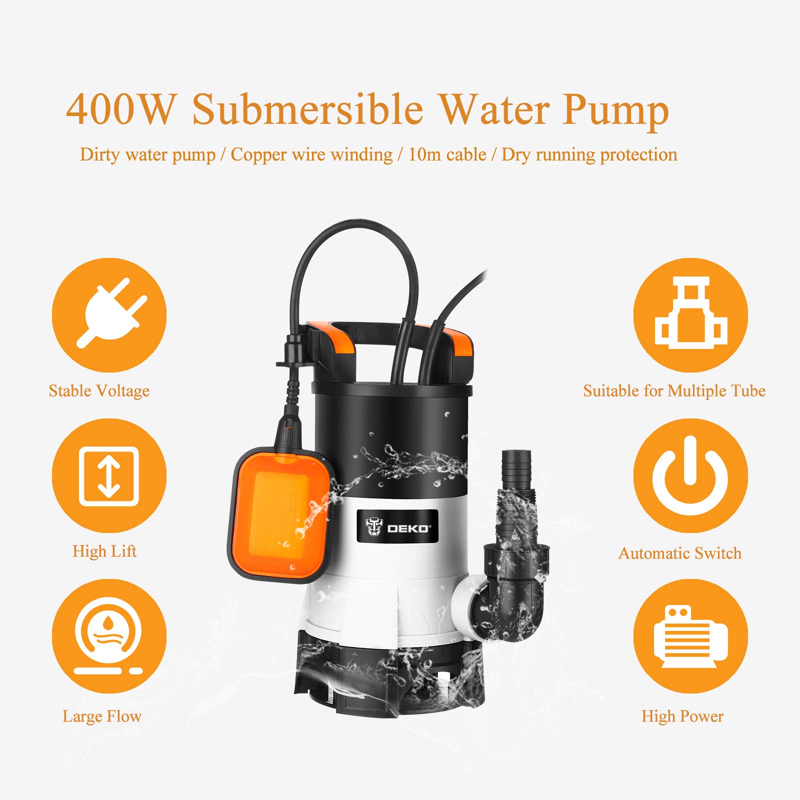 DEKOPRO SUMP PUMP pompe submersible 400 W 8000 l/h eau claire et sale