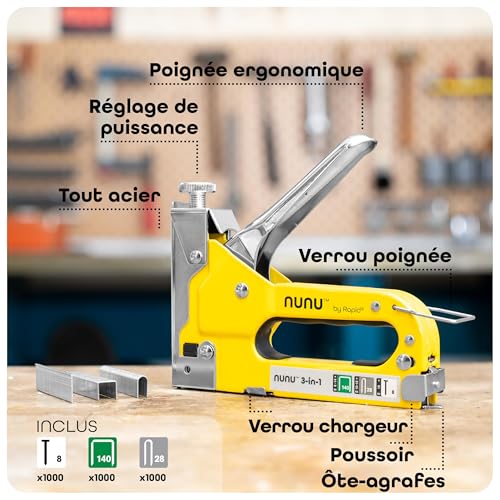 Rapid’os 16 Agrafage NUNU agrafeuse manuelle 3-en-1 avec 3000 agrafes et clous