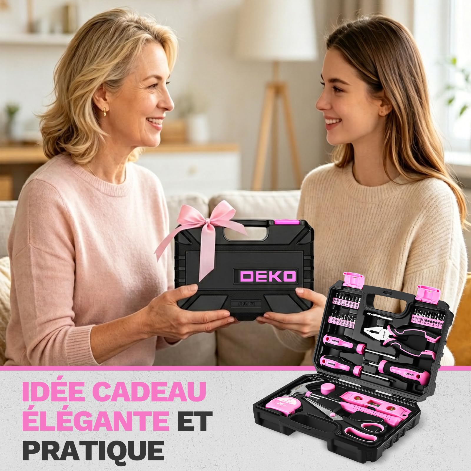 DEKOPRO TOOL KIT boîte à outils 42 pièces rose avec poignées antidérapantes
