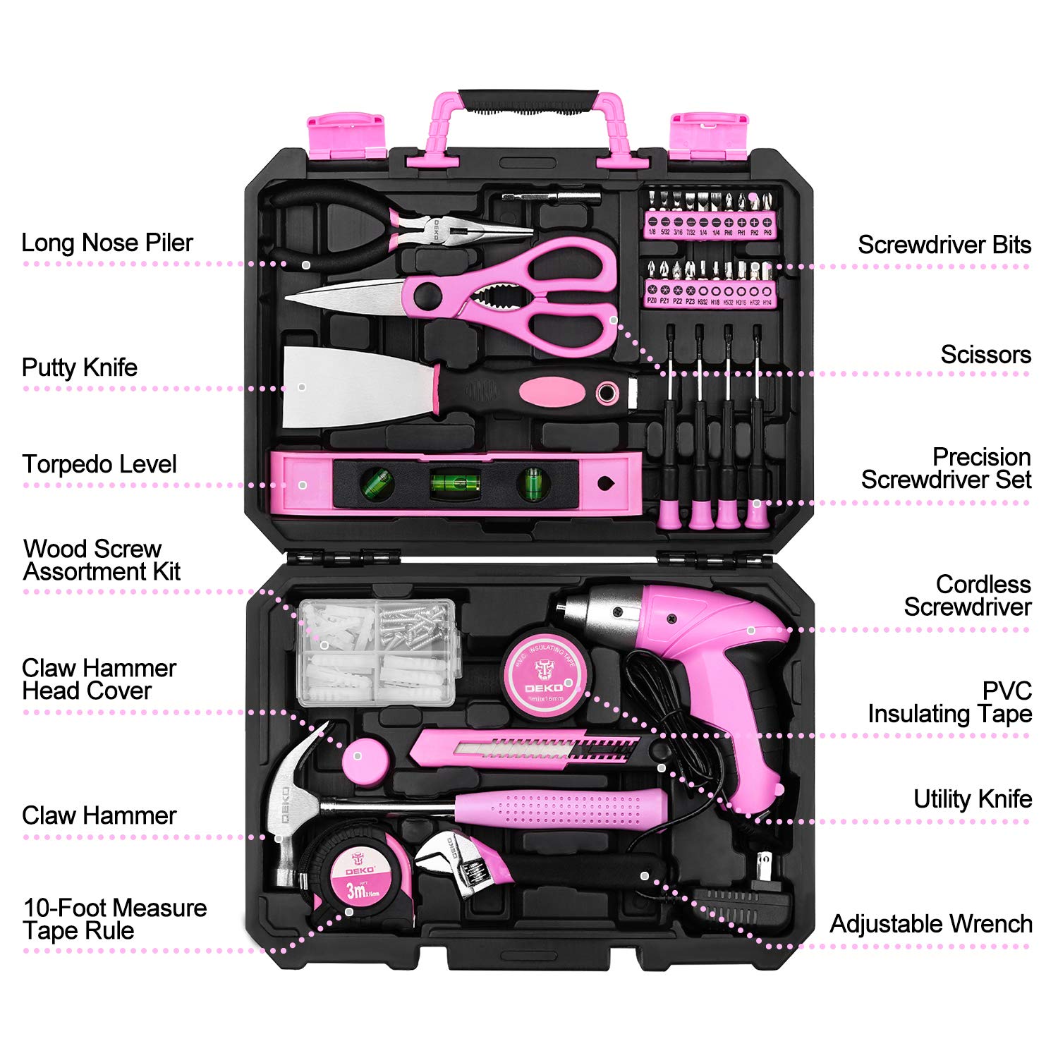 DEKOPRO TOOL KIT ensemble d’outils 98 pièces rose avec visseuse 3,6 V