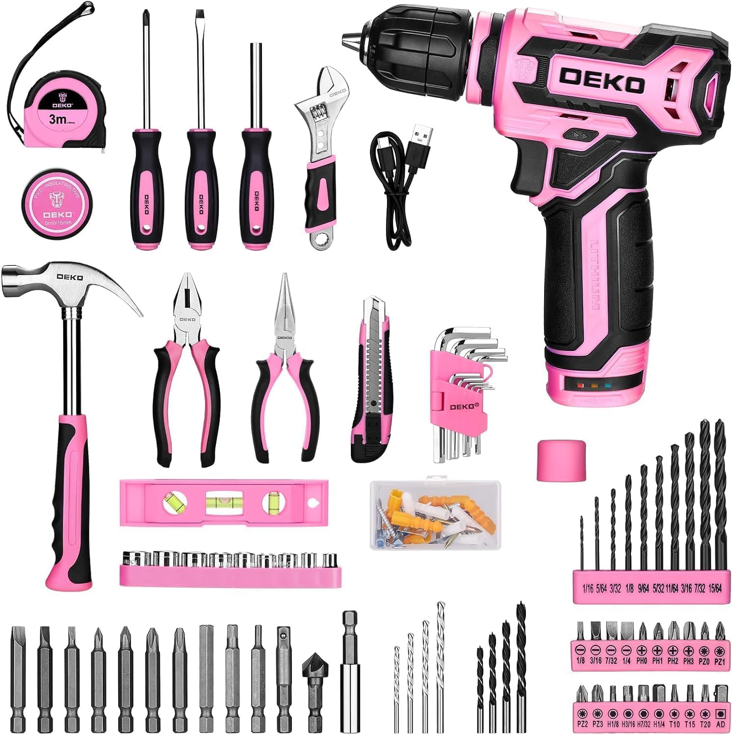 DEKOPRO TOOL KIT kit d’outils avec perceuse 12 V rose, batterie 1,5 Ah