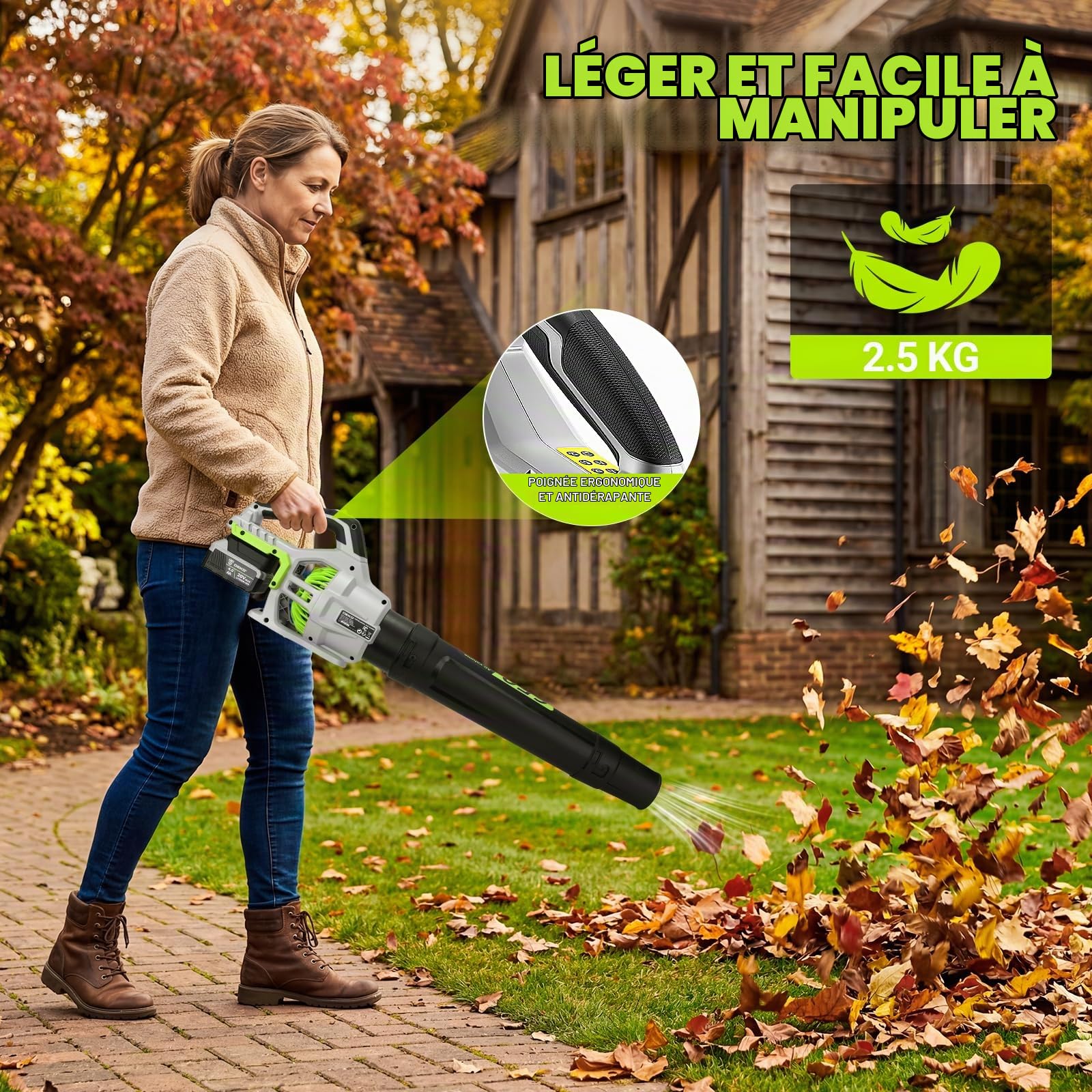 DEKOPRO GARDEN TOOLS Souffleur de feuilles sans fil avec 2 batteries 4,0 Ah