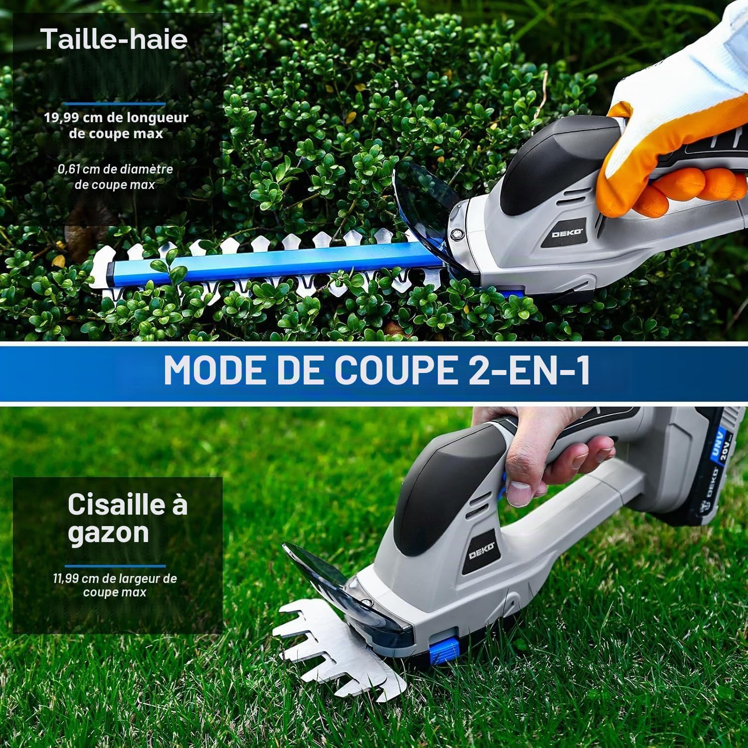 DEKOPRO GARDEN TOOLS Taille-haie 2-en-1 sans fil 20 V, batterie 2 Ah