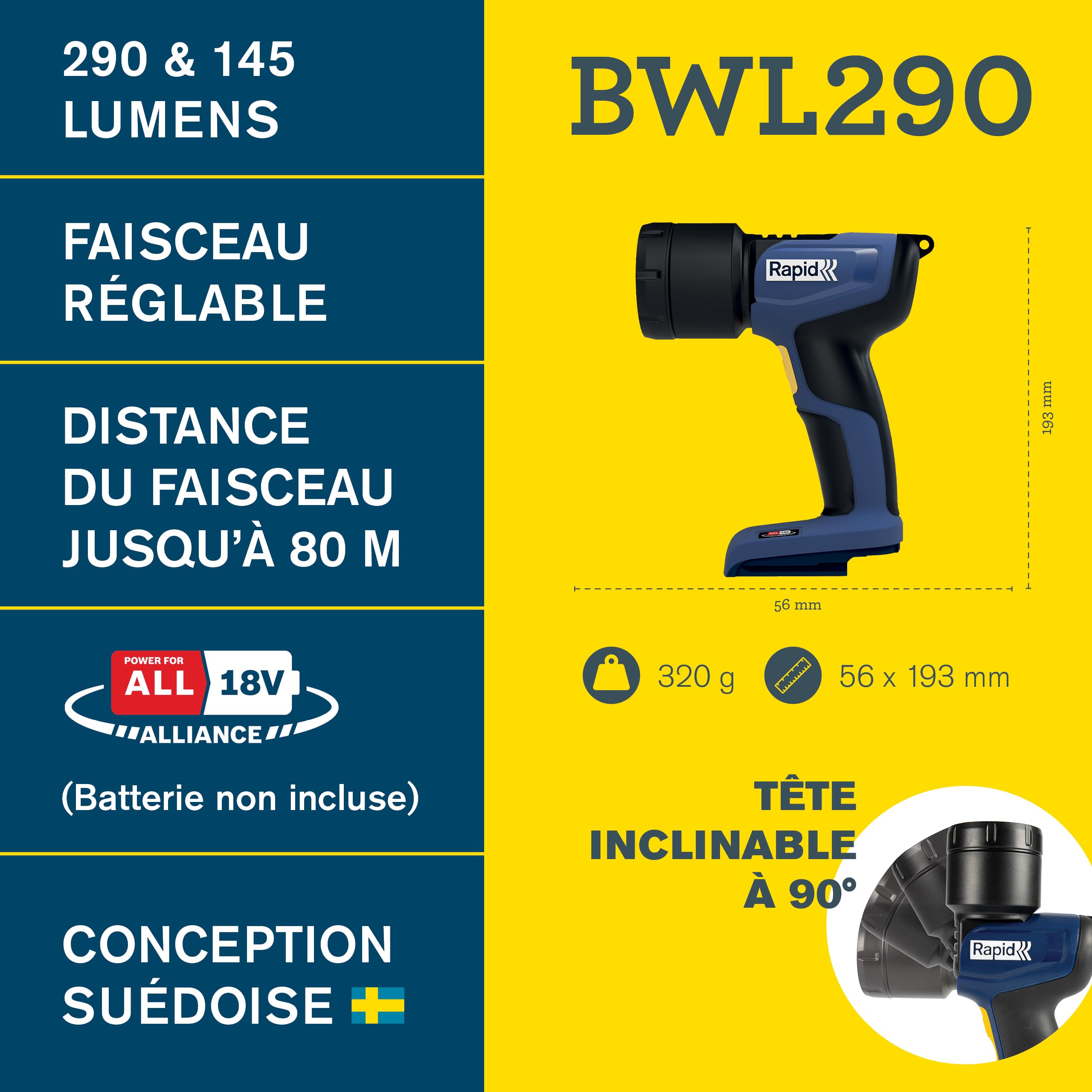 Rapid’os 16 Lampes de Chantier BWL290 lampe LED 18 V 290 lm sans batterie