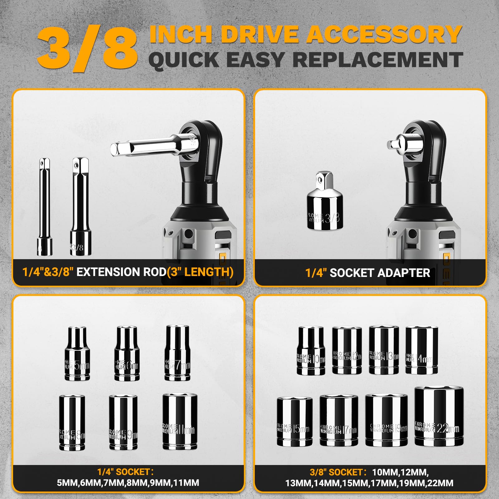 DEKOPRO SOCKET SET Clé à cliquet électrique sans fil 3/8" coffret 14 douilles 8 V