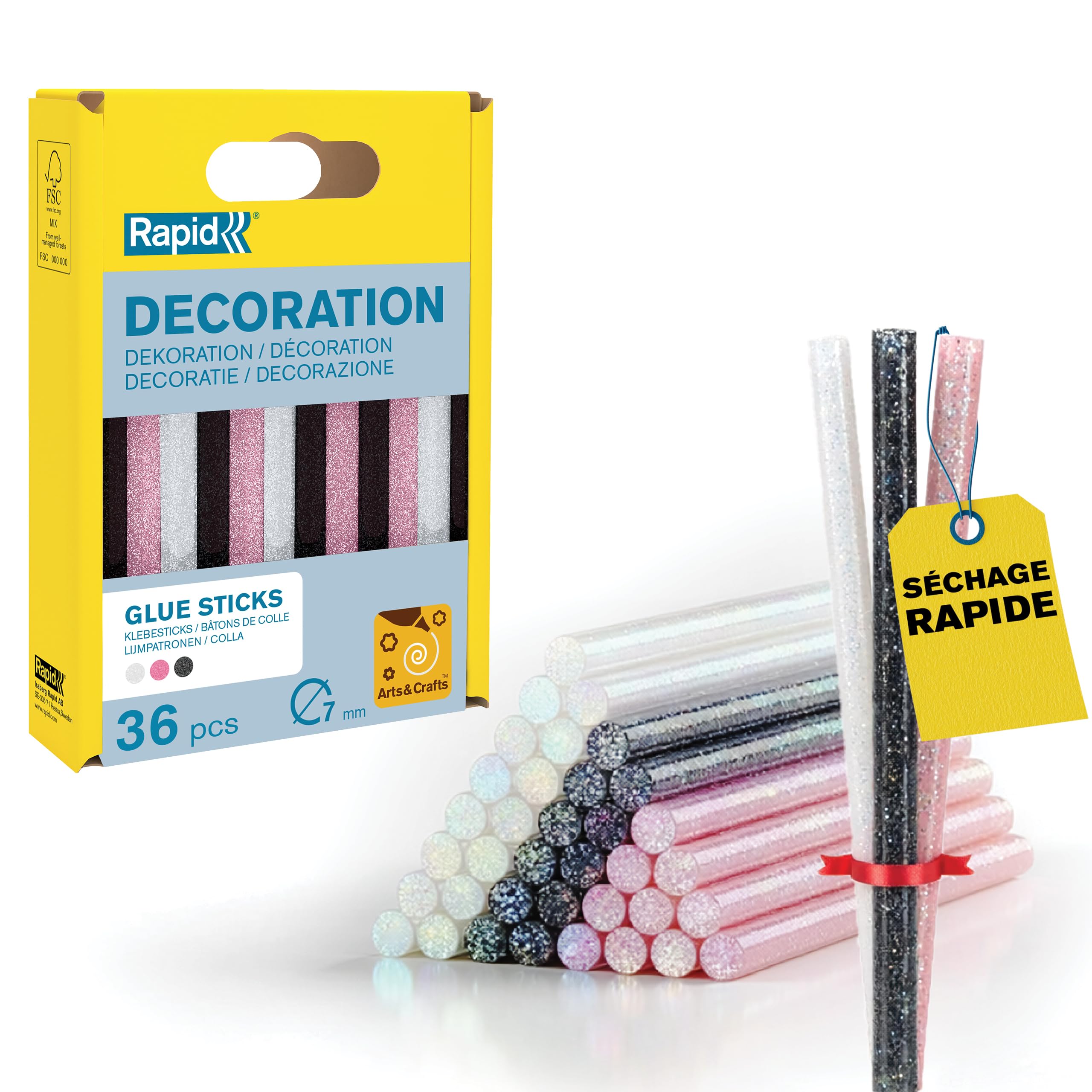 Rapid’os 16 Collage bâtons de colle pailletés 7 mm 36 pièces blanc rose noir