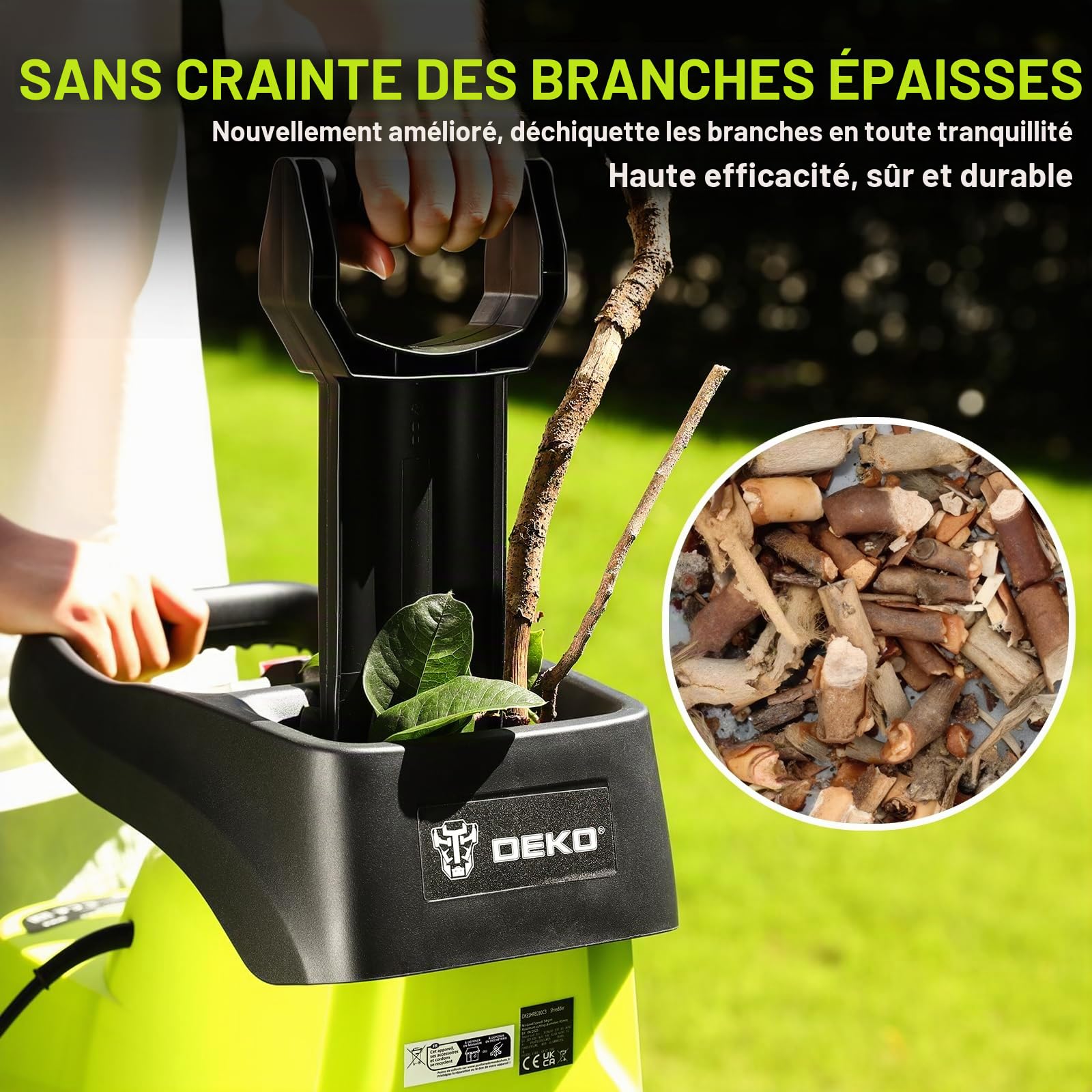 DEKOPRO GARDEN TOOLS broyeur de végétaux électrique 2800 W 45 mm bac 60 L à lames