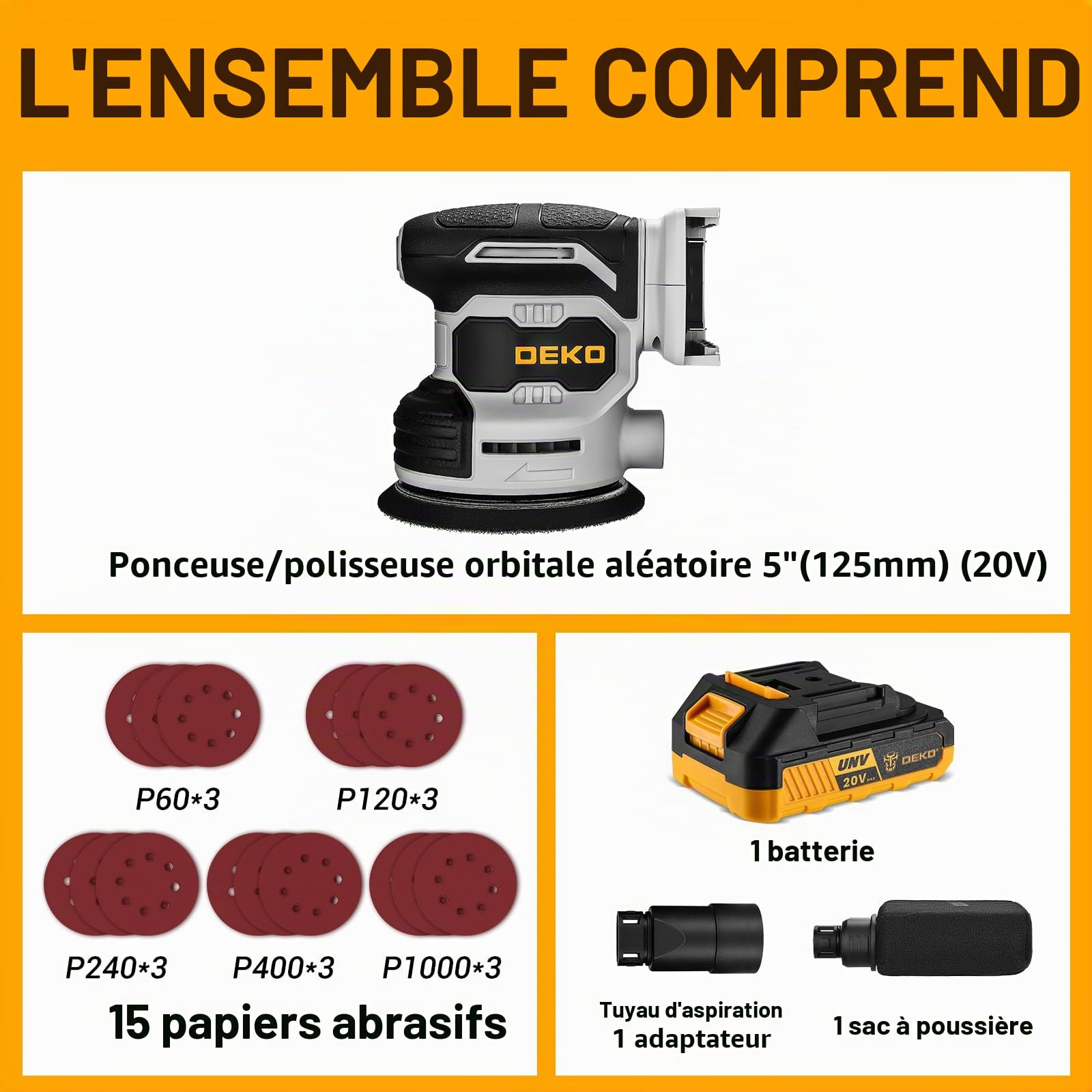 DEKOPRO POWER TOOLS ponceuse excentrique 20V 125 mm sans fil