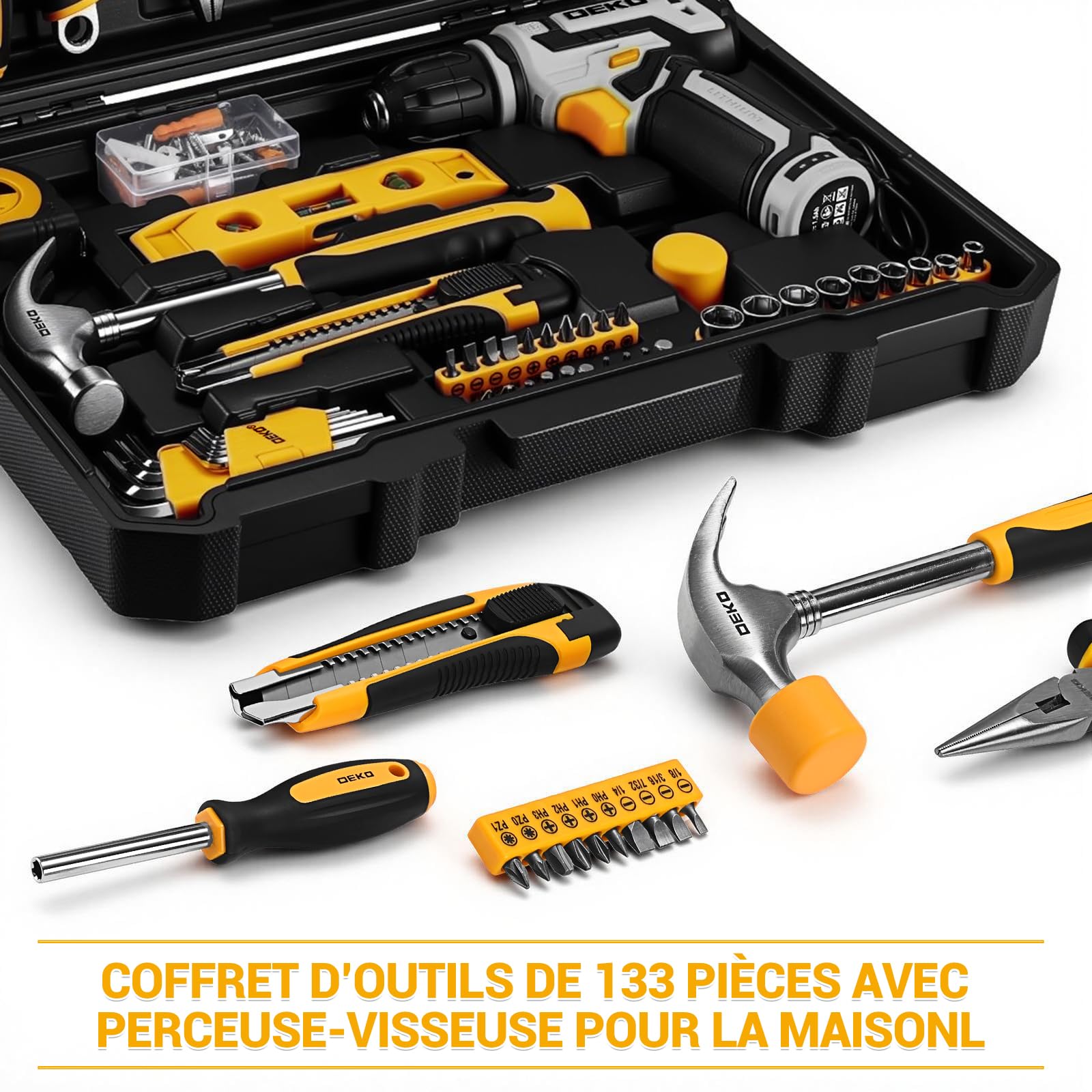DEKOPRO TOOL KIT boîte à outils 133 pièces grise avec perceuse-visseuse 12 V