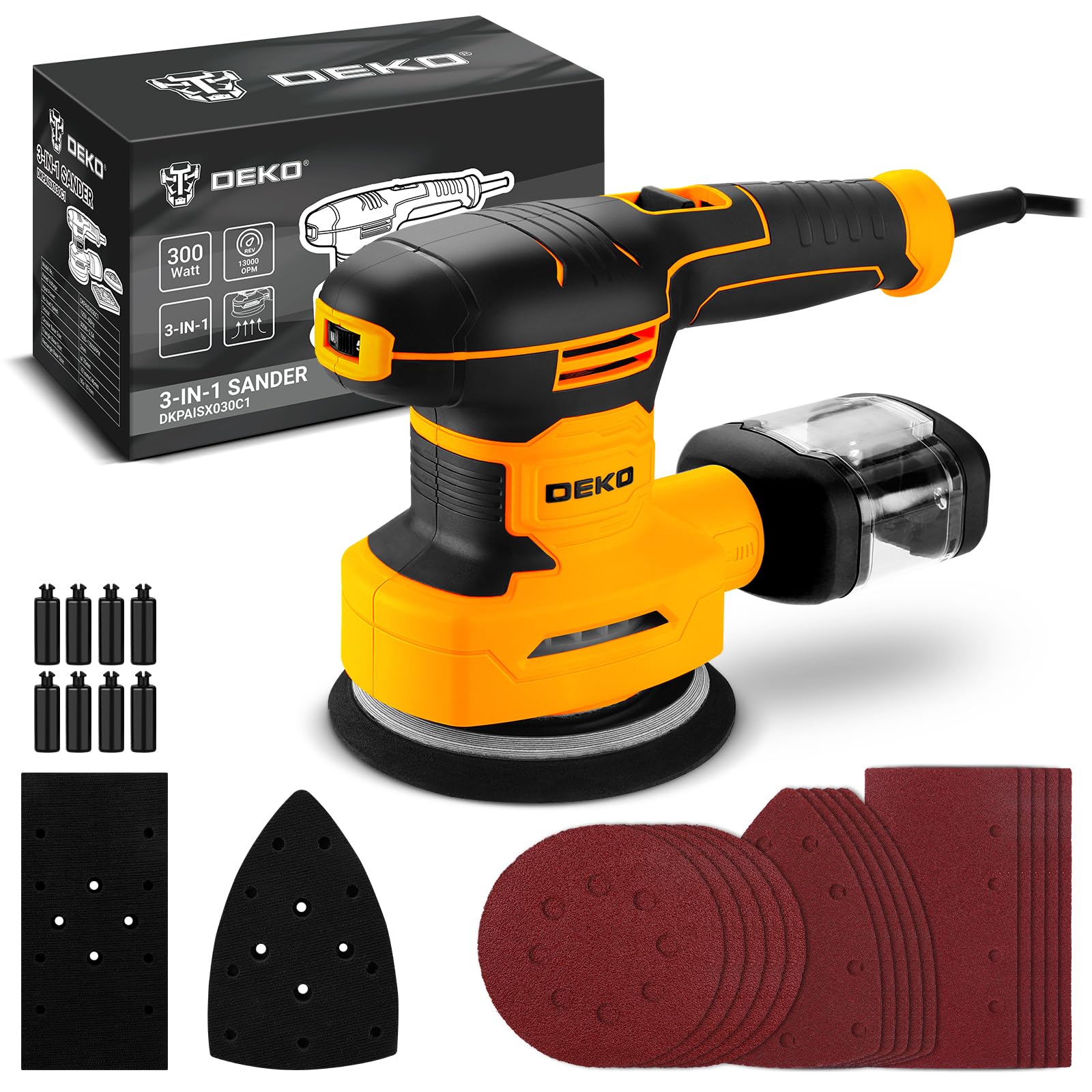 DEKOPRO POWER TOOLS Multifonction 300W ponceuse 3 en 1, 15 abrasifs, 6 vitesses