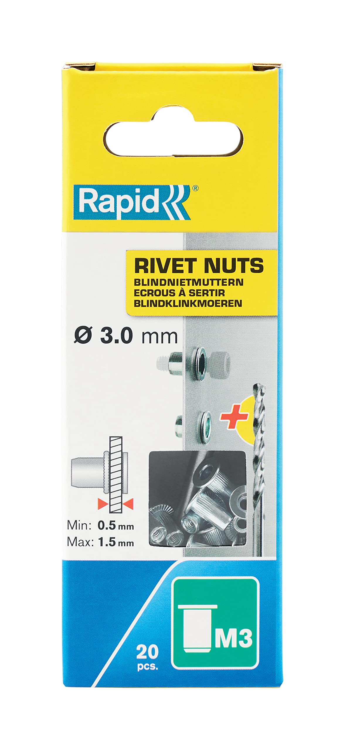 Rapid’os 16 Rivetage écrous à sertir M4 ø4 mm 20 pièces avec foret galvanisés