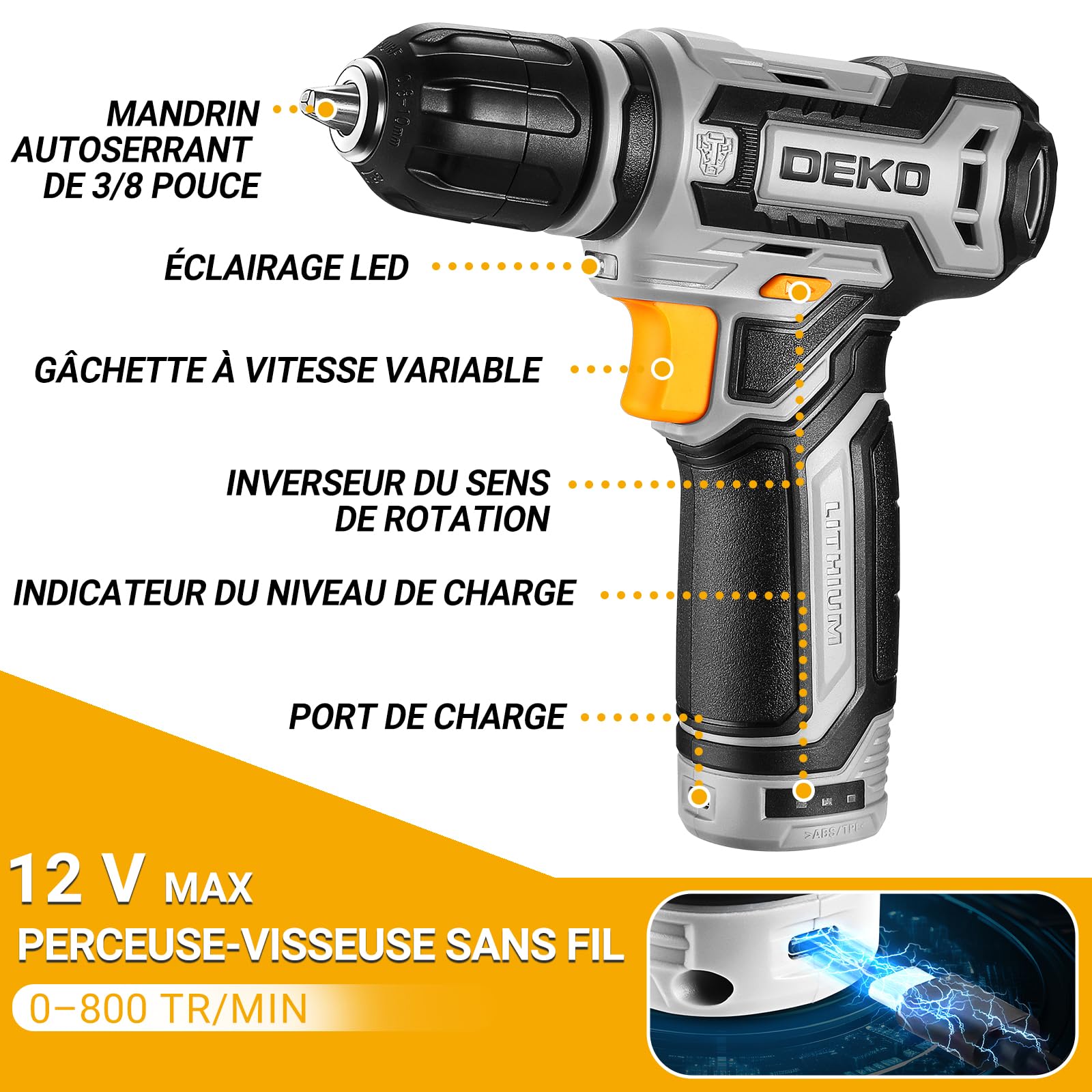 DEKOPRO TOOL KIT boîte à outils 133 pièces grise avec perceuse-visseuse 12 V