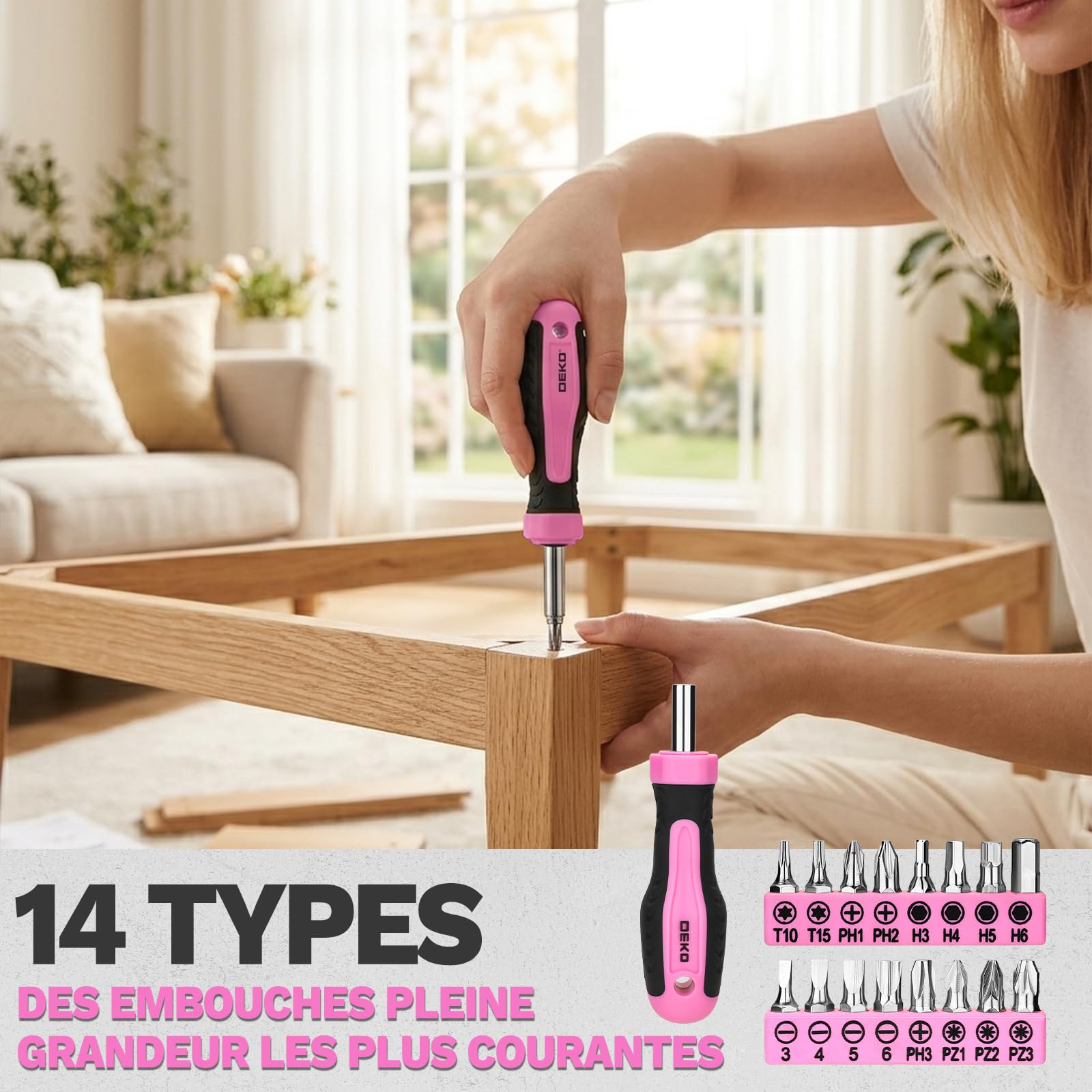 DEKOPRO TOOL KIT boîte à outils 42 pièces rose avec poignées antidérapantes