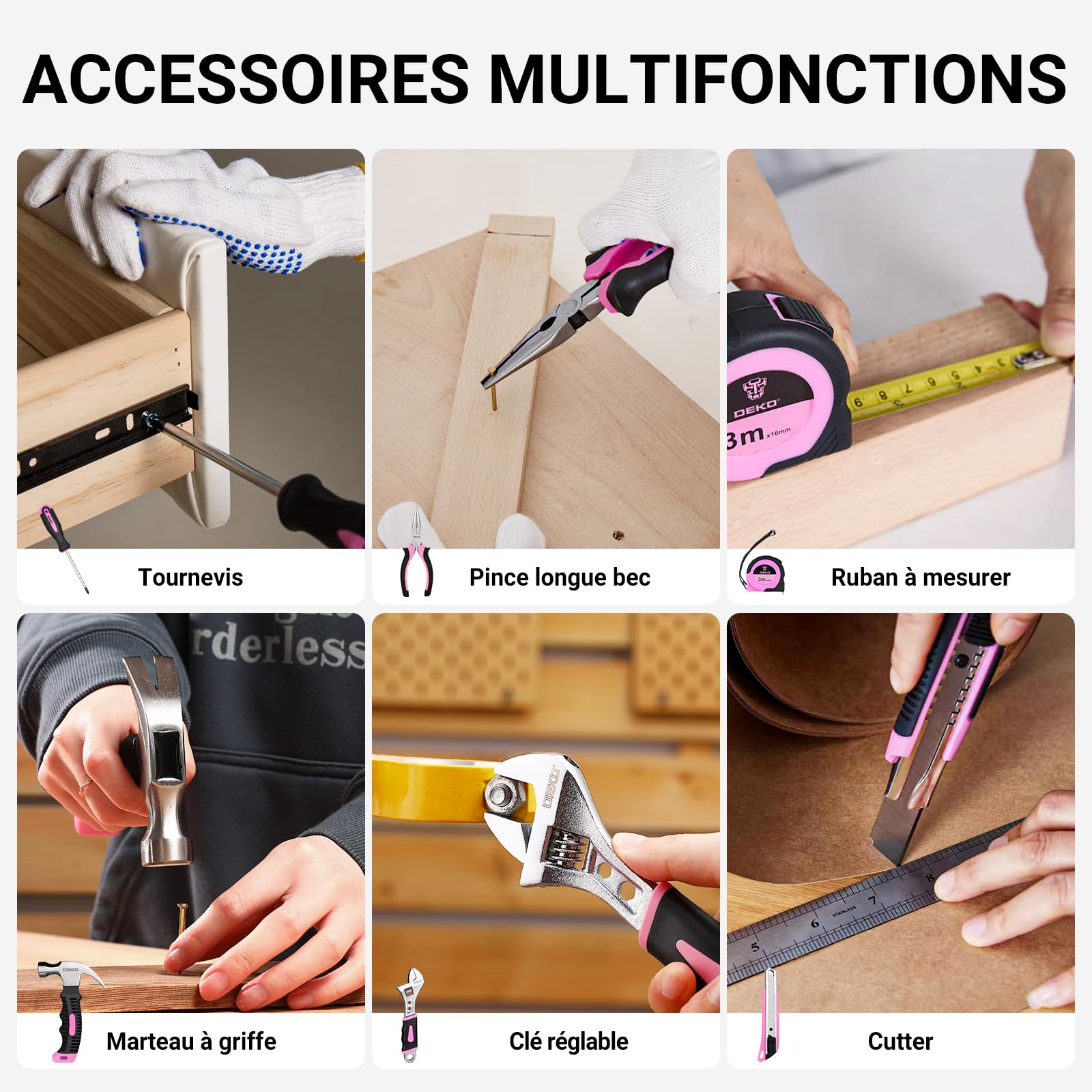 DEKOPRO TOOL KIT perceuse-visseuse sans fil 8 V, 126 pièces, rose