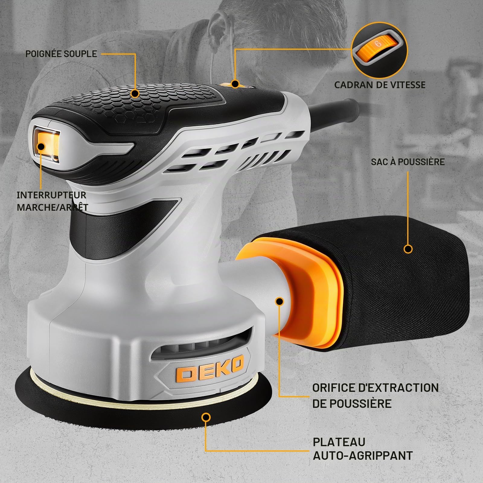 DEKOPRO POWER TOOLS Ponceuse excentrique 300 W 125 mm avec 16 abrasifs
