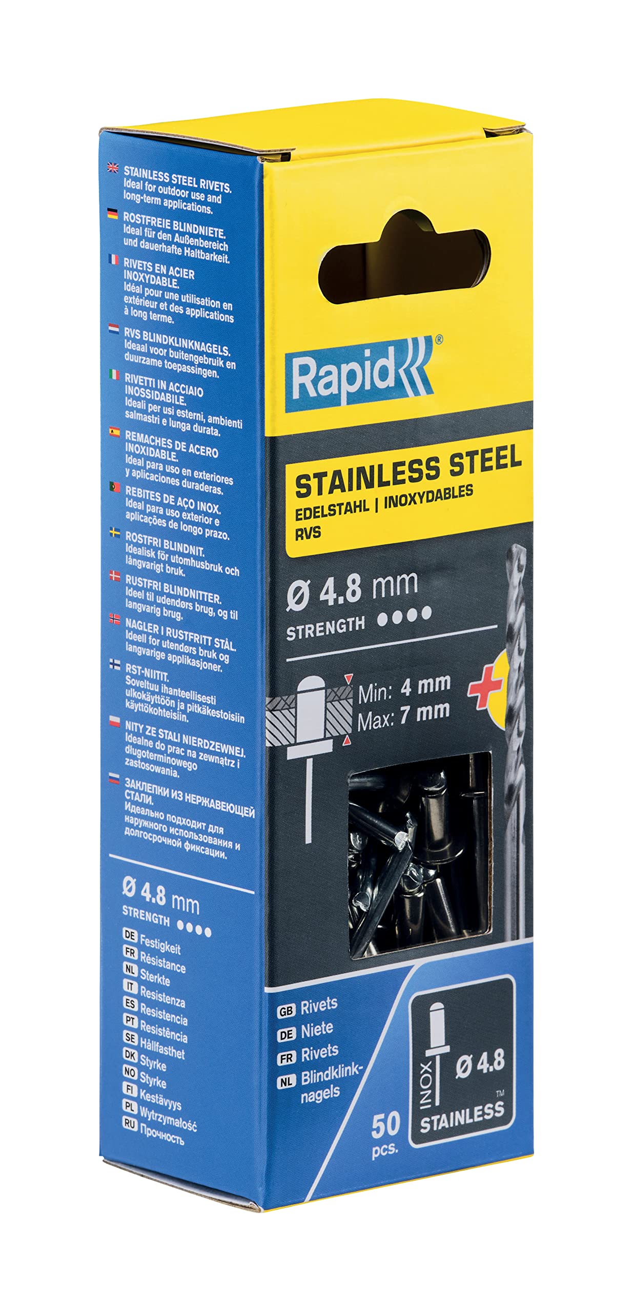 Rapid’os 16 Rivetage Rivets acier inoxydable Ø4,8 x 10 mm, 50 pièces avec foret
