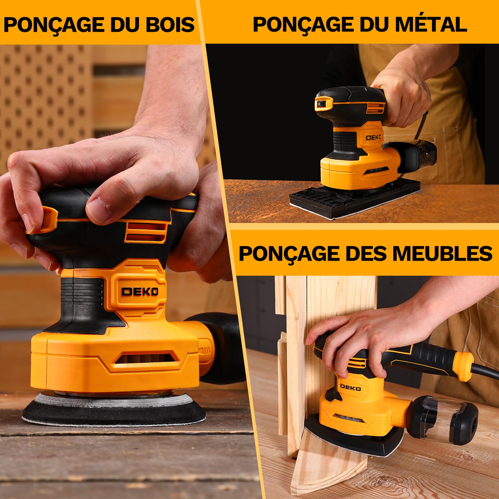 DEKOPRO POWER TOOLS Multifonction 300W ponceuse 3 en 1, 15 abrasifs, 6 vitesses