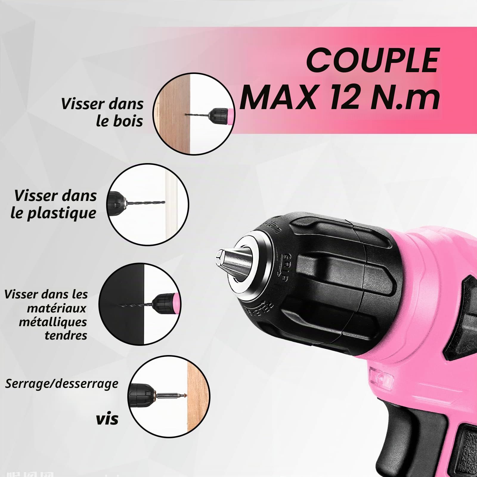 DEKOPRO TOOL KIT 126 pièces perceuse sans fil rose 8 V