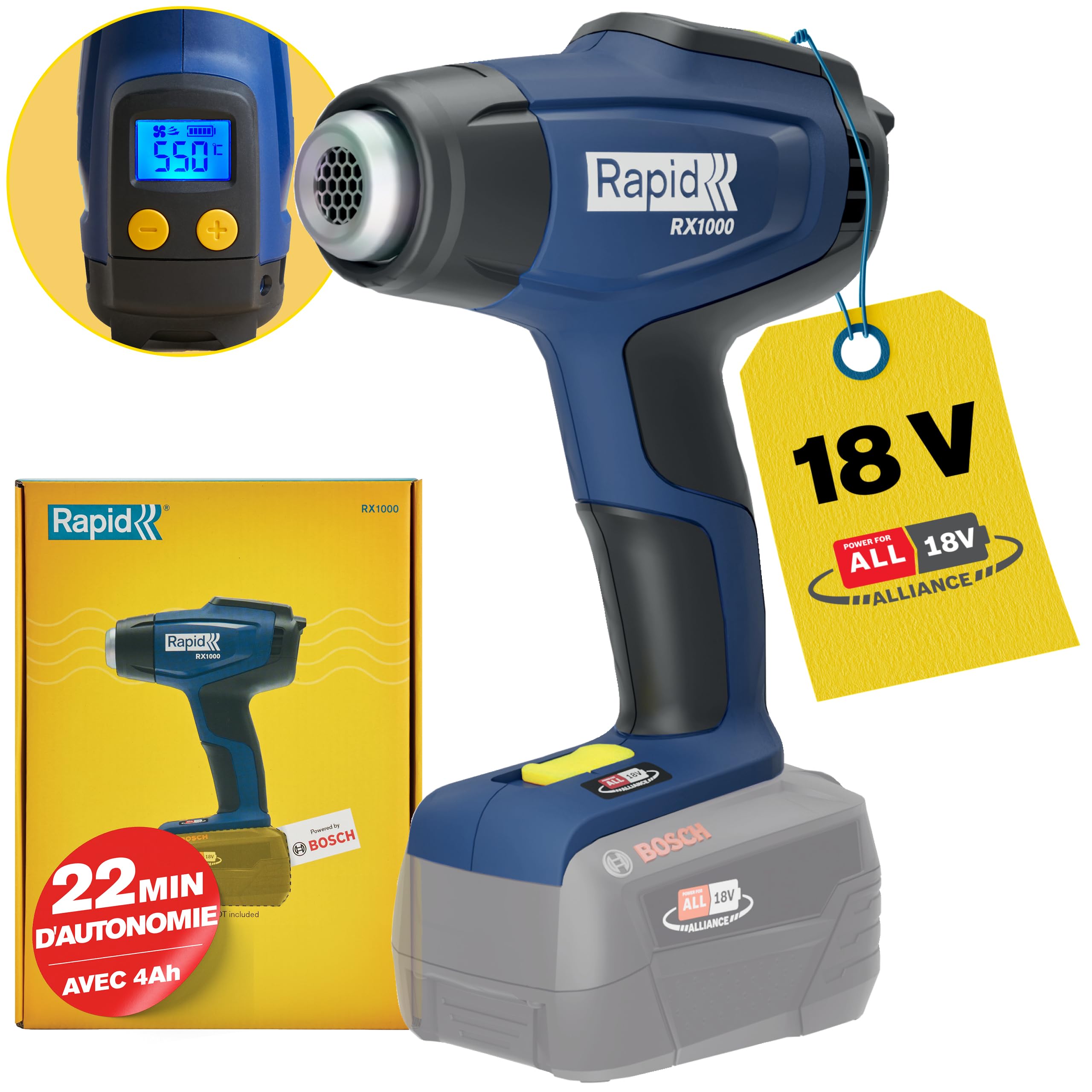 Rapid’os 16 Air Chaud RX1000 décapeur thermique sans fil kit 18 V batterie 4 Ah