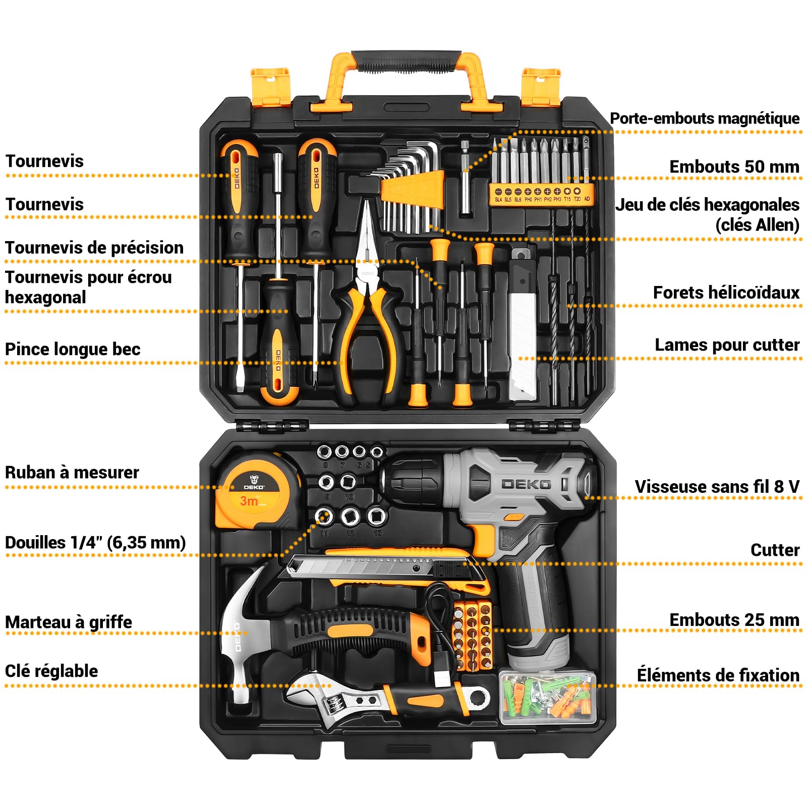 DEKOPRO TOOL KIT kit d’outils 126 pièces bleu gris avec perceuse 8 V