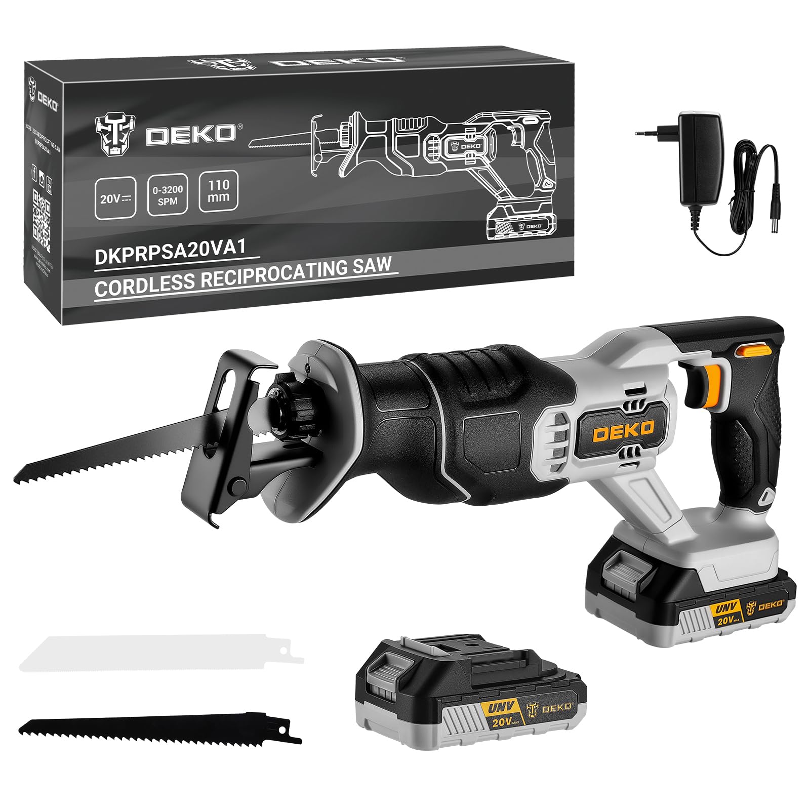 DEKOPRO POWER TOOLS scie sabre sans fil 20 V, 2 batteries 2 Ah, vitesse variable