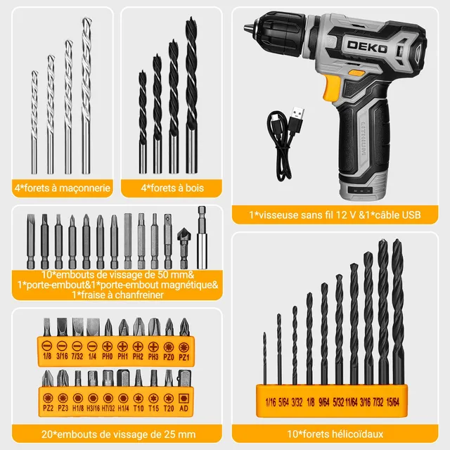 DEKOPRO TOOL KIT boîte à outils 133 pièces grise avec perceuse-visseuse 12 V