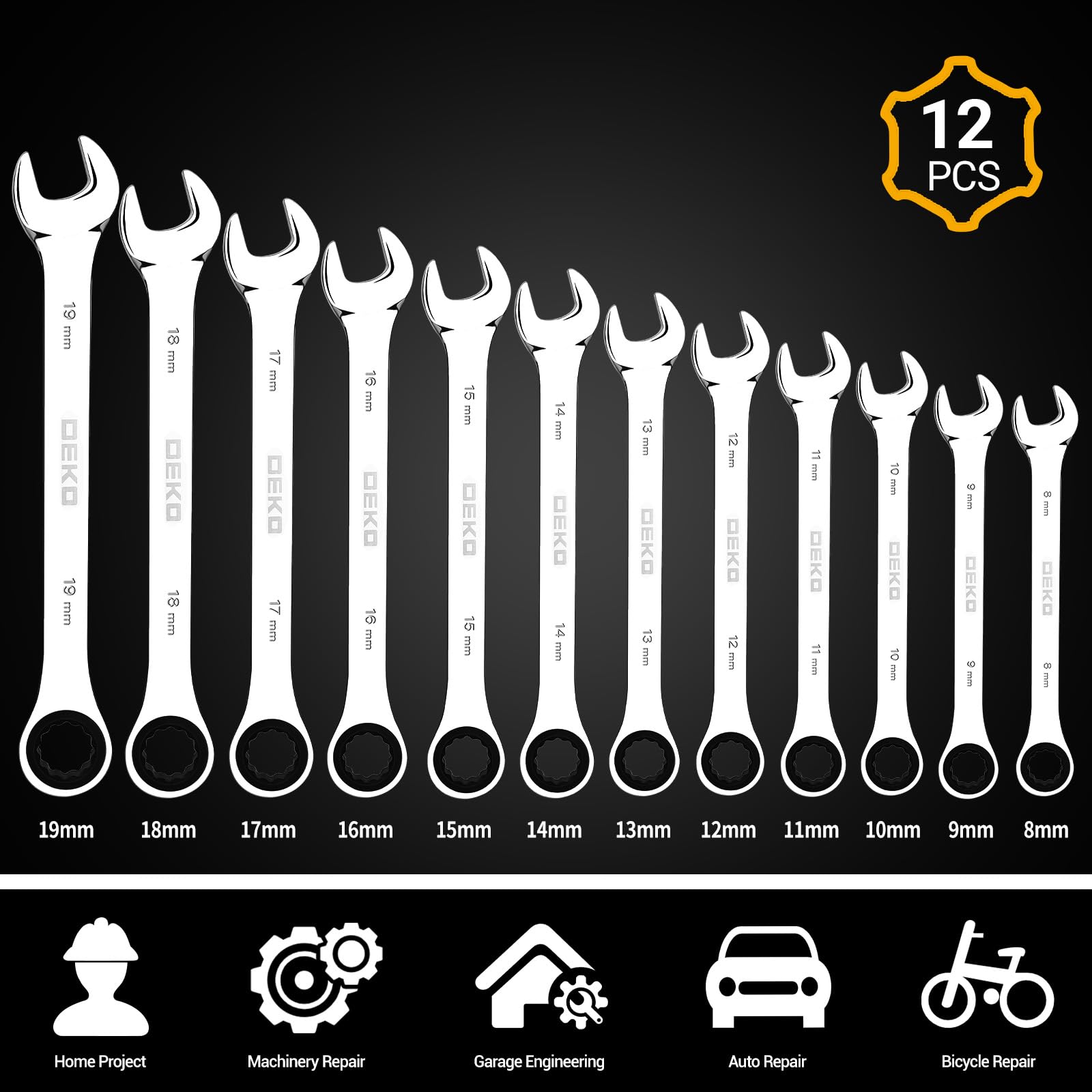 DEKOPRO SOCKET SET jeu de clés plates à cliquet 72 dents 12 pièces argent fixe