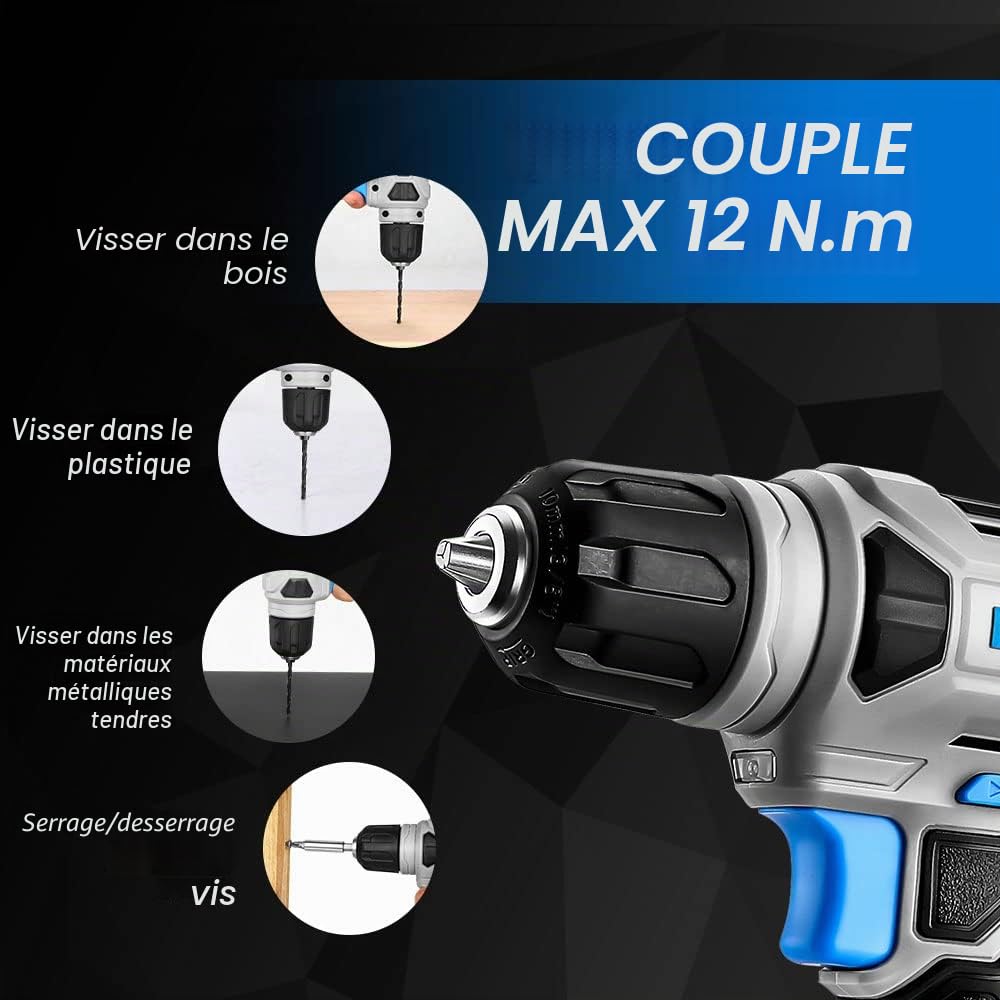 DEKOPRO POWER TOOLS Perceuse-visseuse sans fil 8 V bleue, 42 accessoires