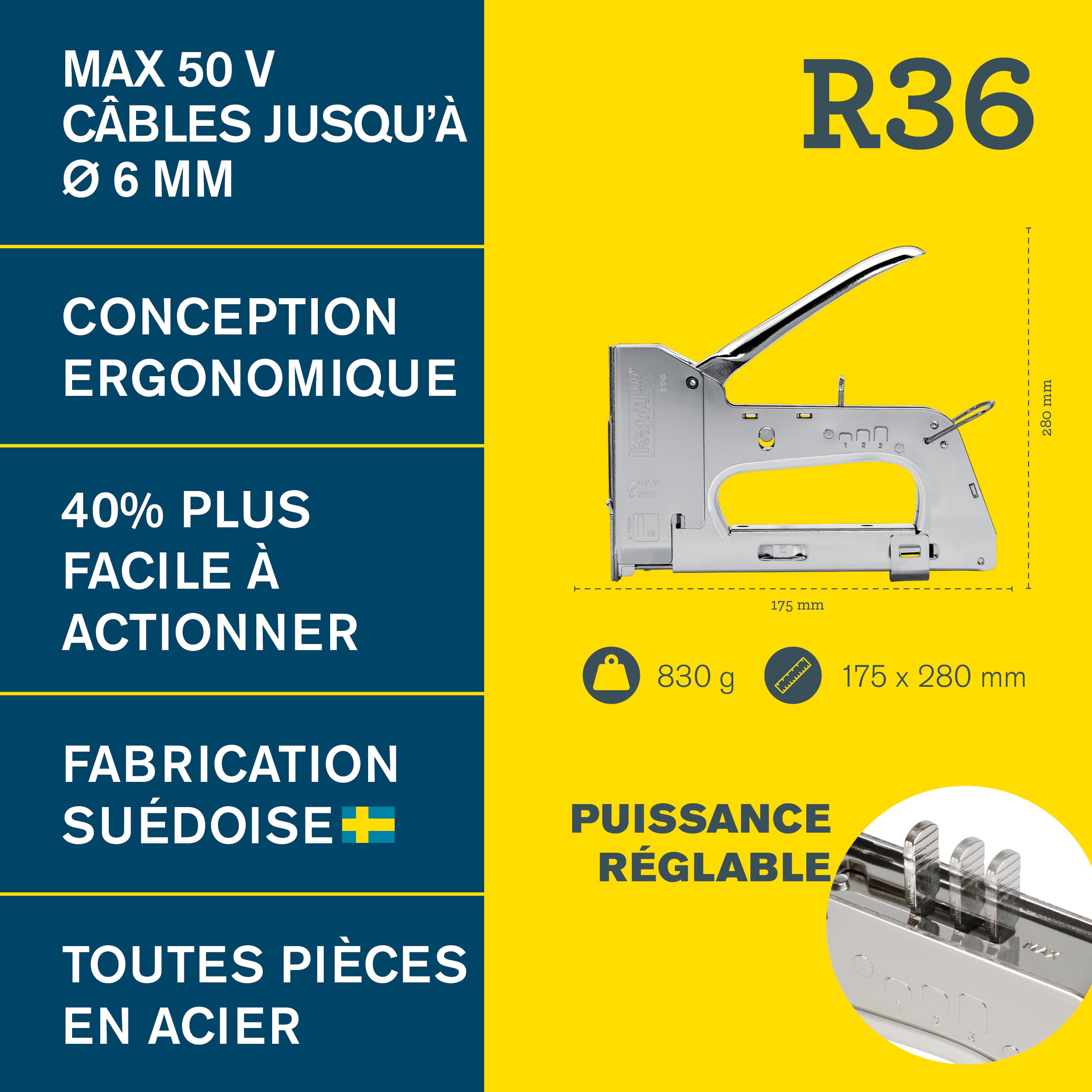 Rapid’os 16 Agrafage R36E agrafeuse câble pour agrafes n°36 et n°7