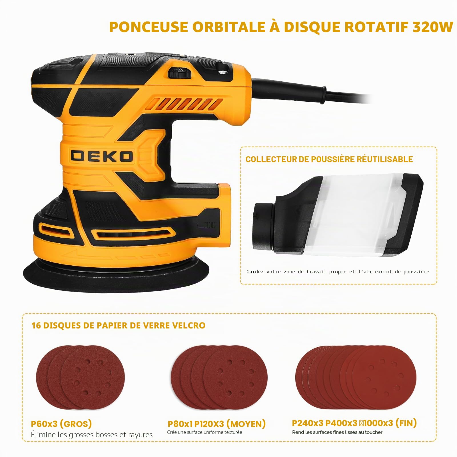 DEKOPRO POWER TOOLS ponceuse excentrique 300 W 125 mm avec bac à poussière