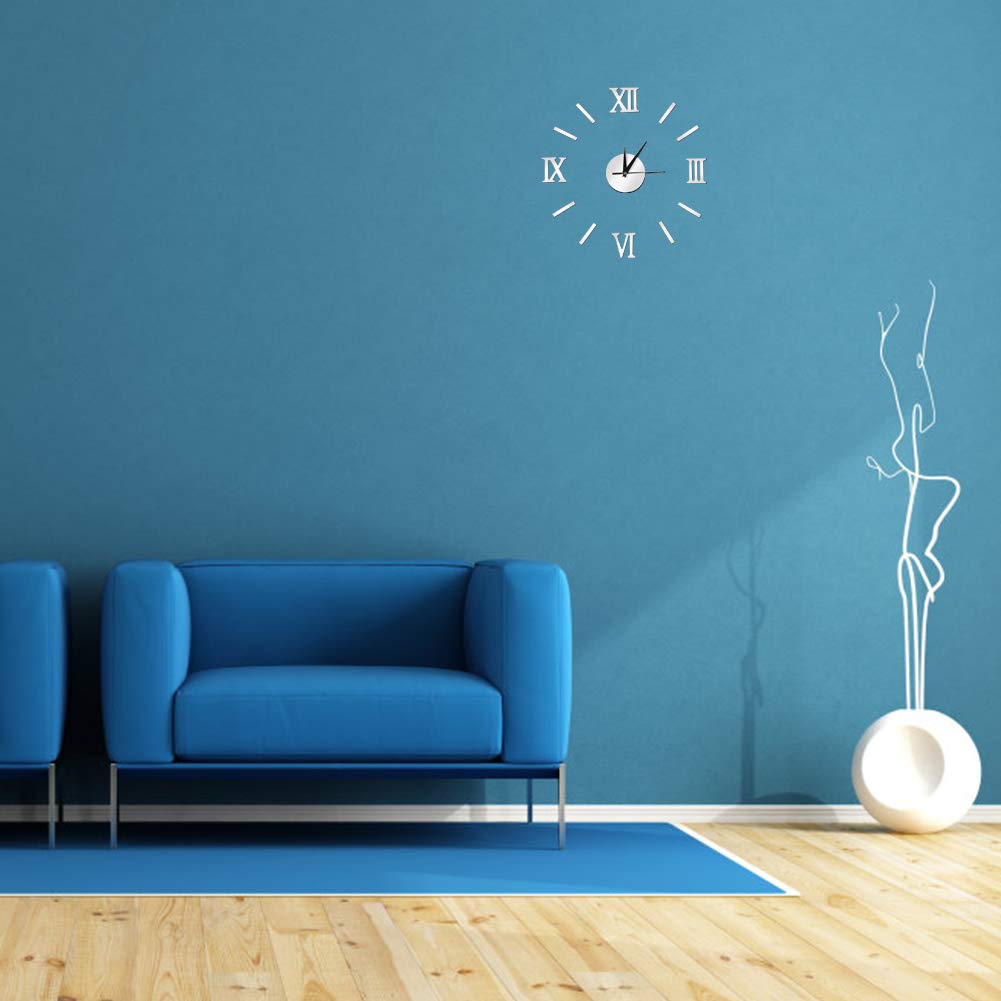 Omabeta Home Décor & Bathroom Décor horloge murale 3D argent à chiffres romains sans cadre