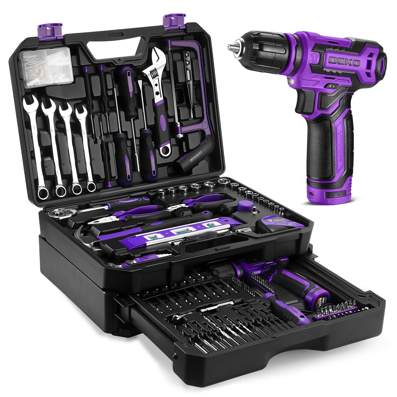 DEKOPRO TOOL KIT caisse à outils 238 pièces avec visseuse 12 V rose