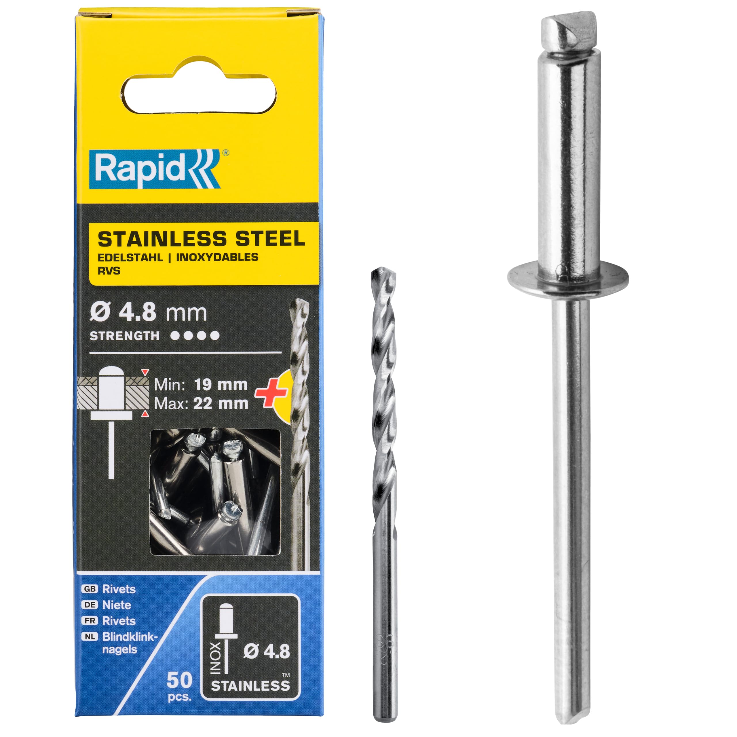 Rapid’os 16 Rivetage Rivets acier inoxydable Ø4,8 x 10 mm, 50 pièces avec foret