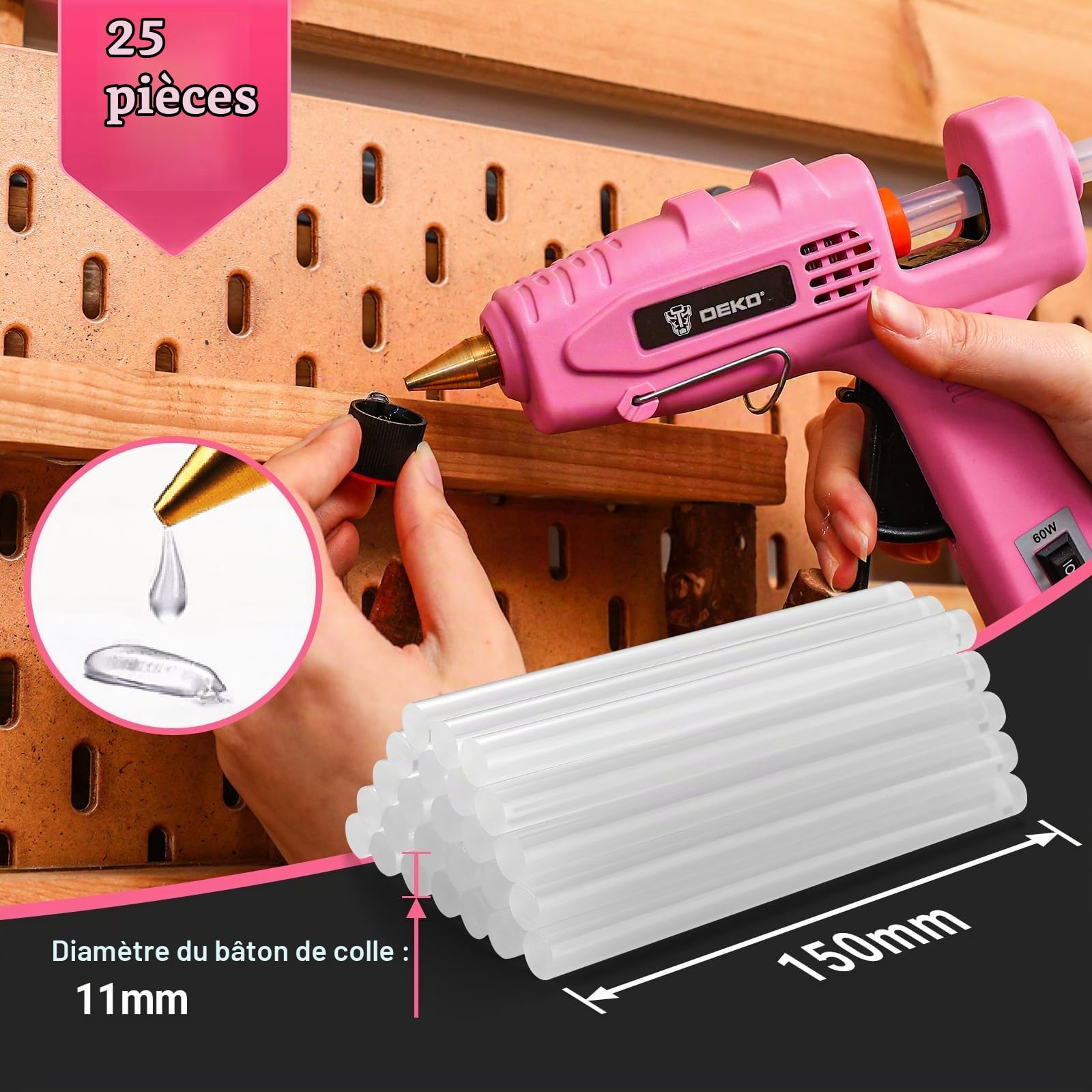 DEKOPRO POWER TOOLS pistolet à colle chaude 60/100 W gris rose, 25 bâtons