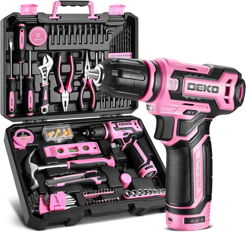DEKOPRO TOOL KIT kit d’outils avec perceuse 12 V rose, batterie 1,5 Ah