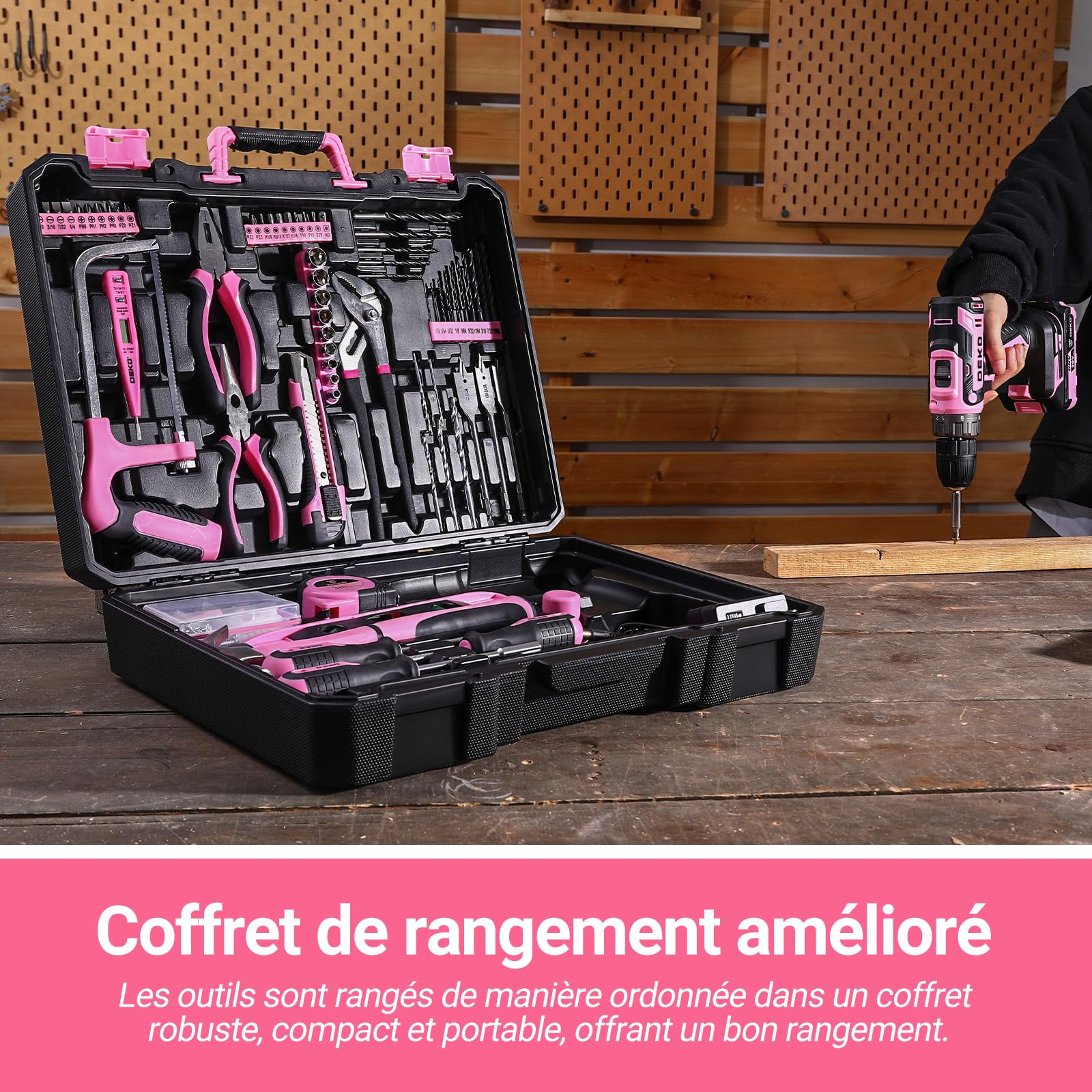 DEKOPRO TOOL KIT coffret 186 pièces bleu avec perceuse 20 V