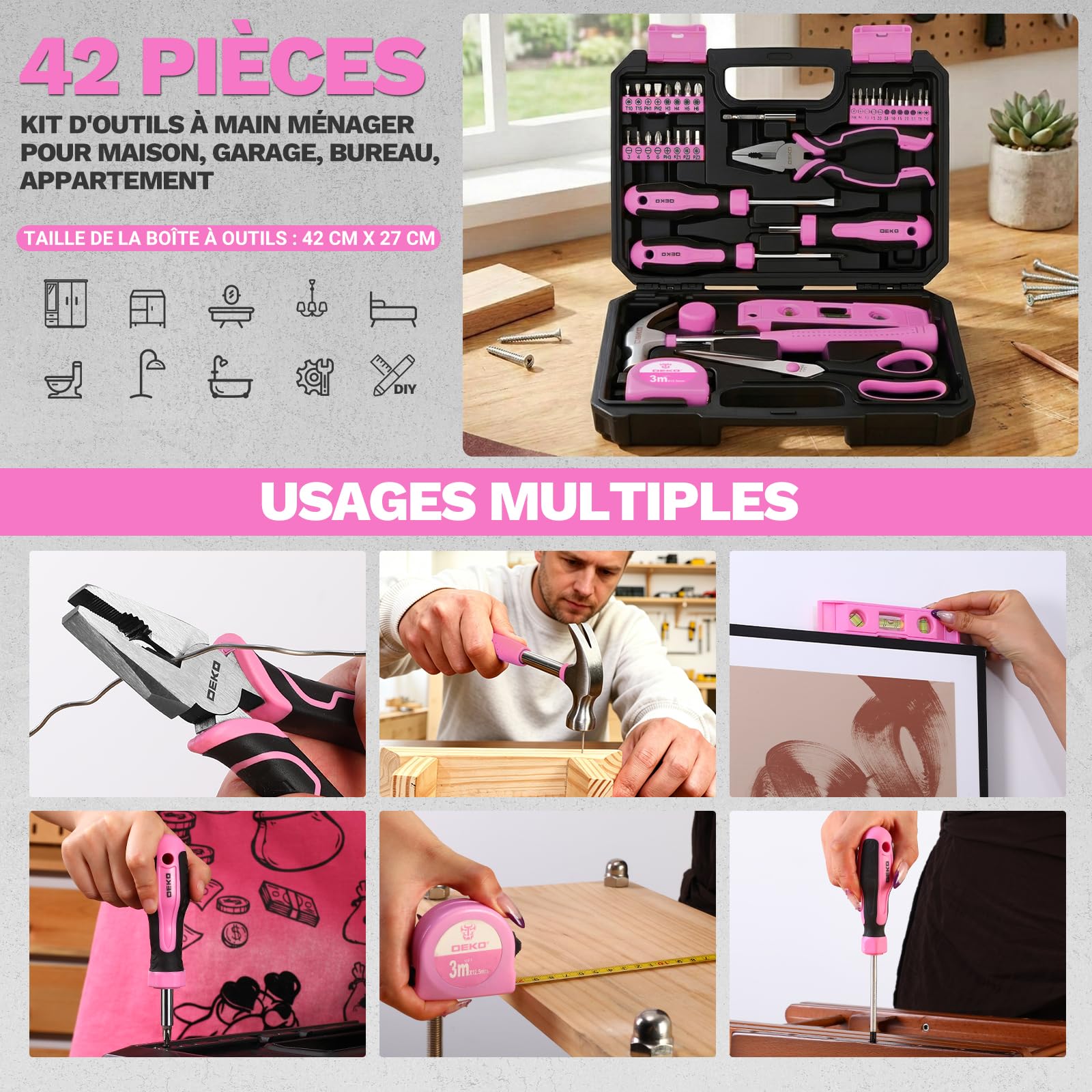 DEKOPRO TOOL KIT boîte à outils 42 pièces rose avec poignées antidérapantes
